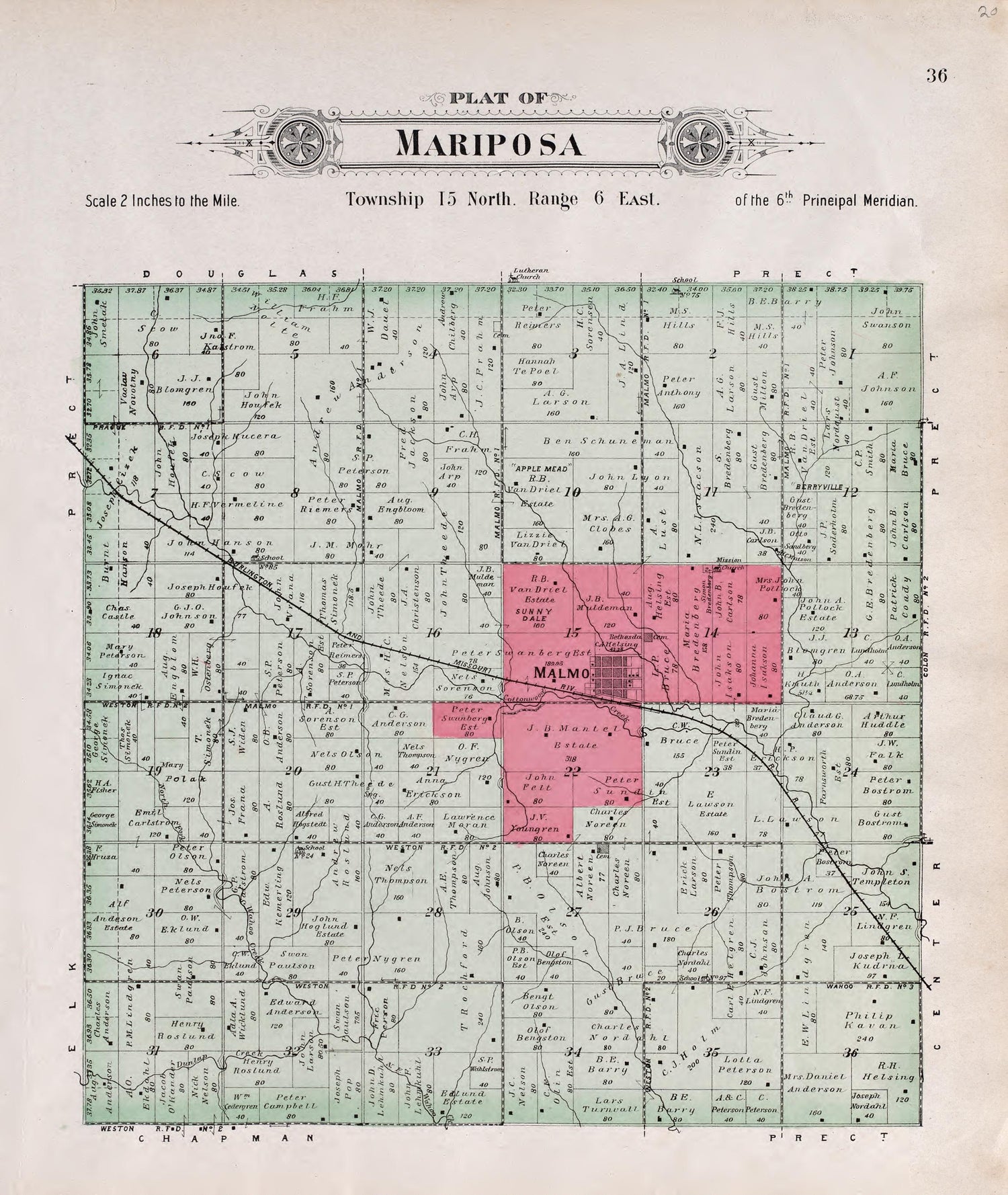 Mariposa from Plat Book of Saunders County, Nebraska : Containing Carefully Prepared Township Plats, Village Plats, Analysis of U.S. Land System, Leading Farmers Directory : Illustrated 1907 by Relic Map Company