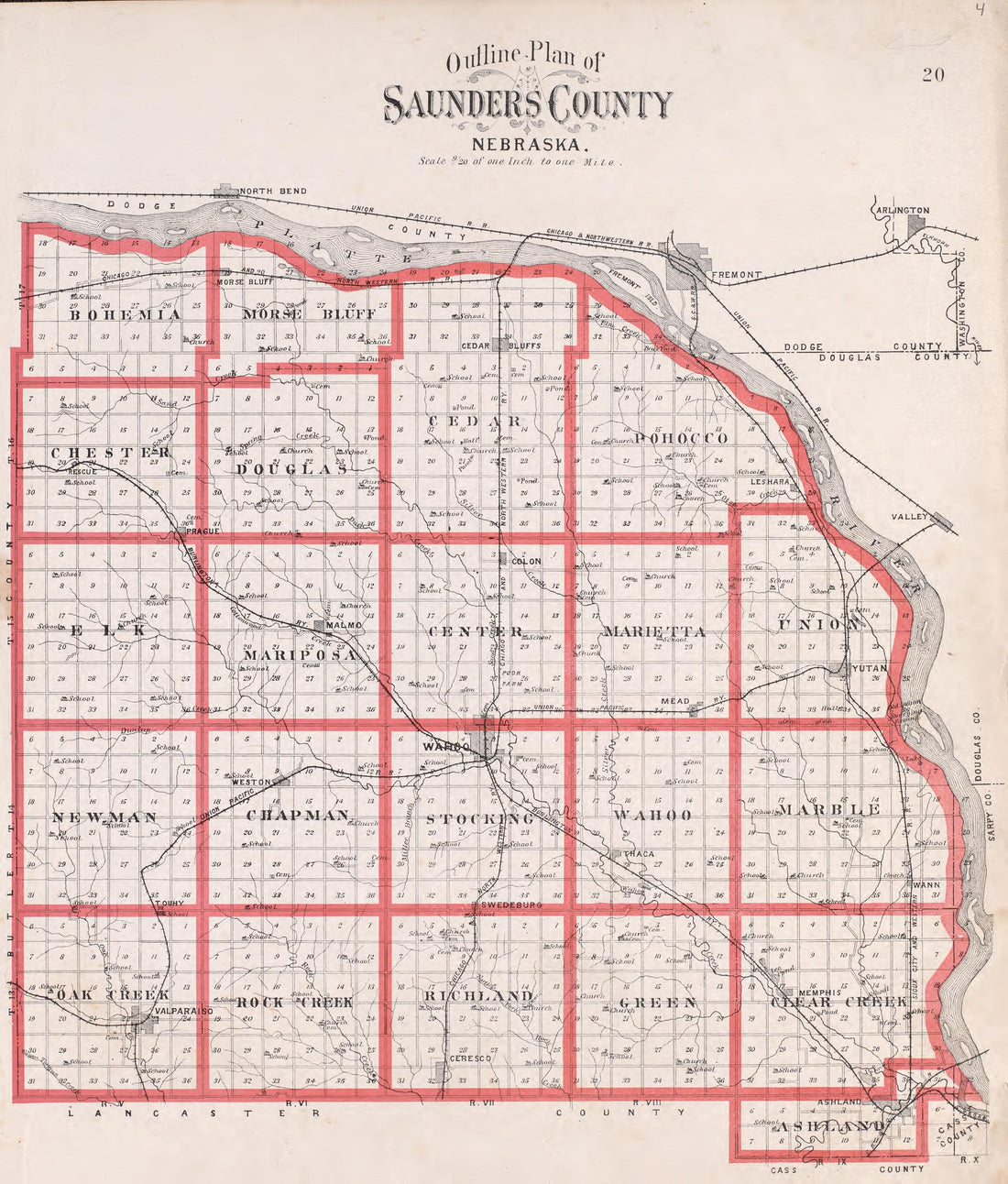Outline Plan of Saunders County, NE from Plat Book of Saunders County, Nebraska : Containing Carefully Prepared Township Plats, Village Plats, Analysis of U.S. Land System, Leading Farmers Directory : Illustrated 1907 by Relic Map Company