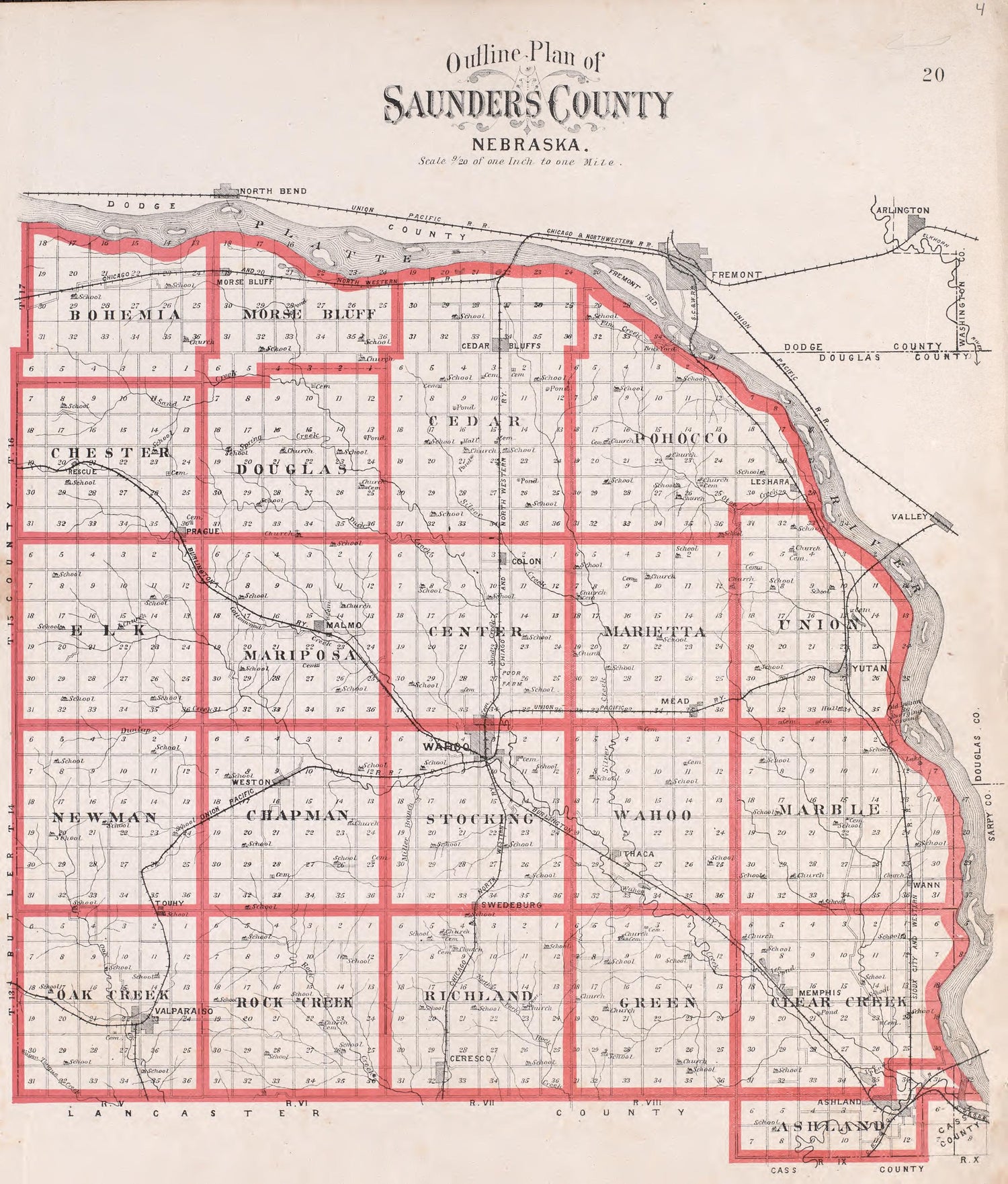 Outline Plan of Saunders County, NE from Plat Book of Saunders County, Nebraska : Containing Carefully Prepared Township Plats, Village Plats, Analysis of U.S. Land System, Leading Farmers Directory : Illustrated 1907 by Relic Map Company