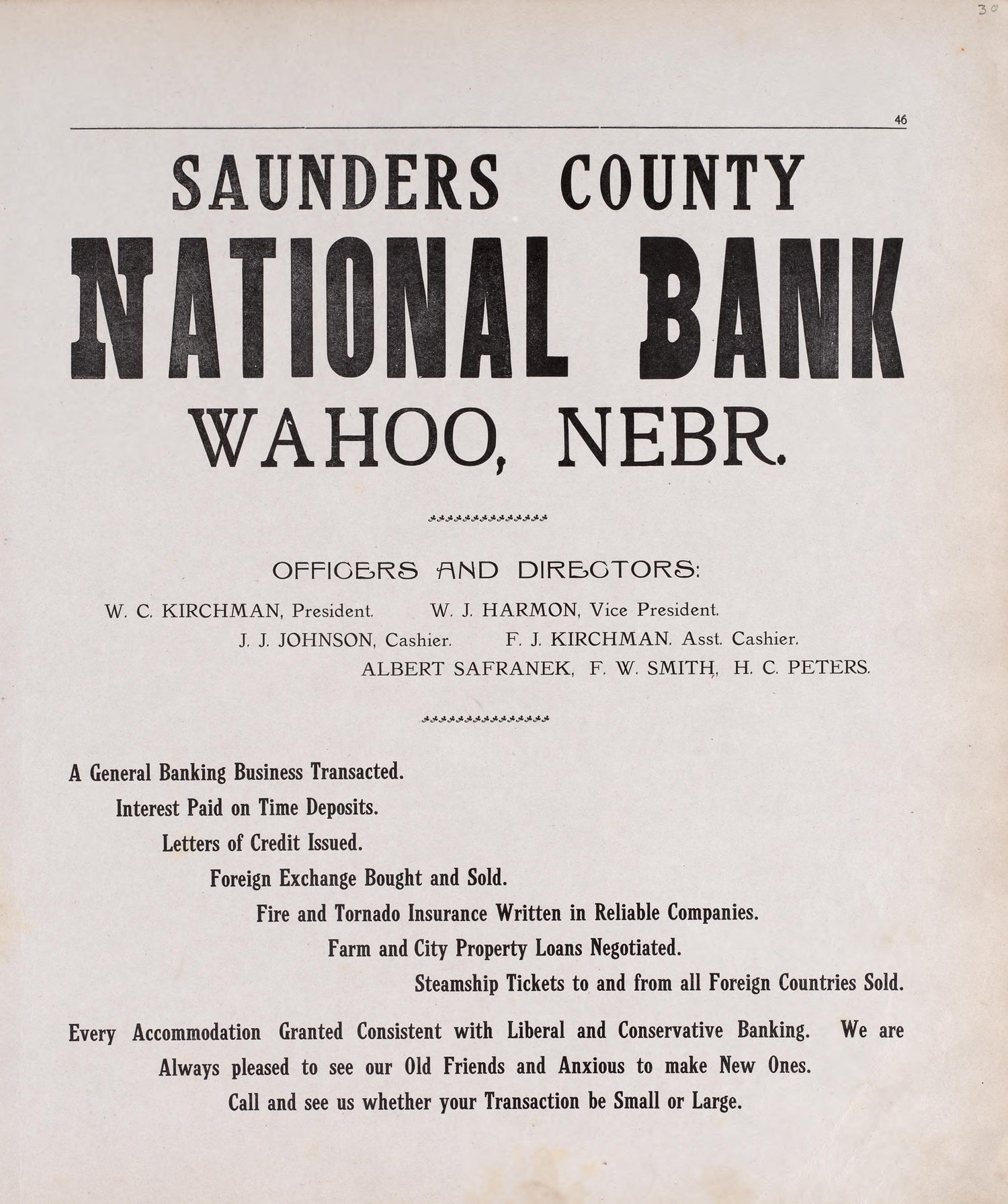 Saunders County National Bank, Wahoo, NE from Plat Book of Saunders County, Nebraska : Containing Carefully Prepared Township Plats, Village Plats, Analysis of U.S. Land System, Leading Farmers Directory : Illustrated 1907 by Relic Map Company