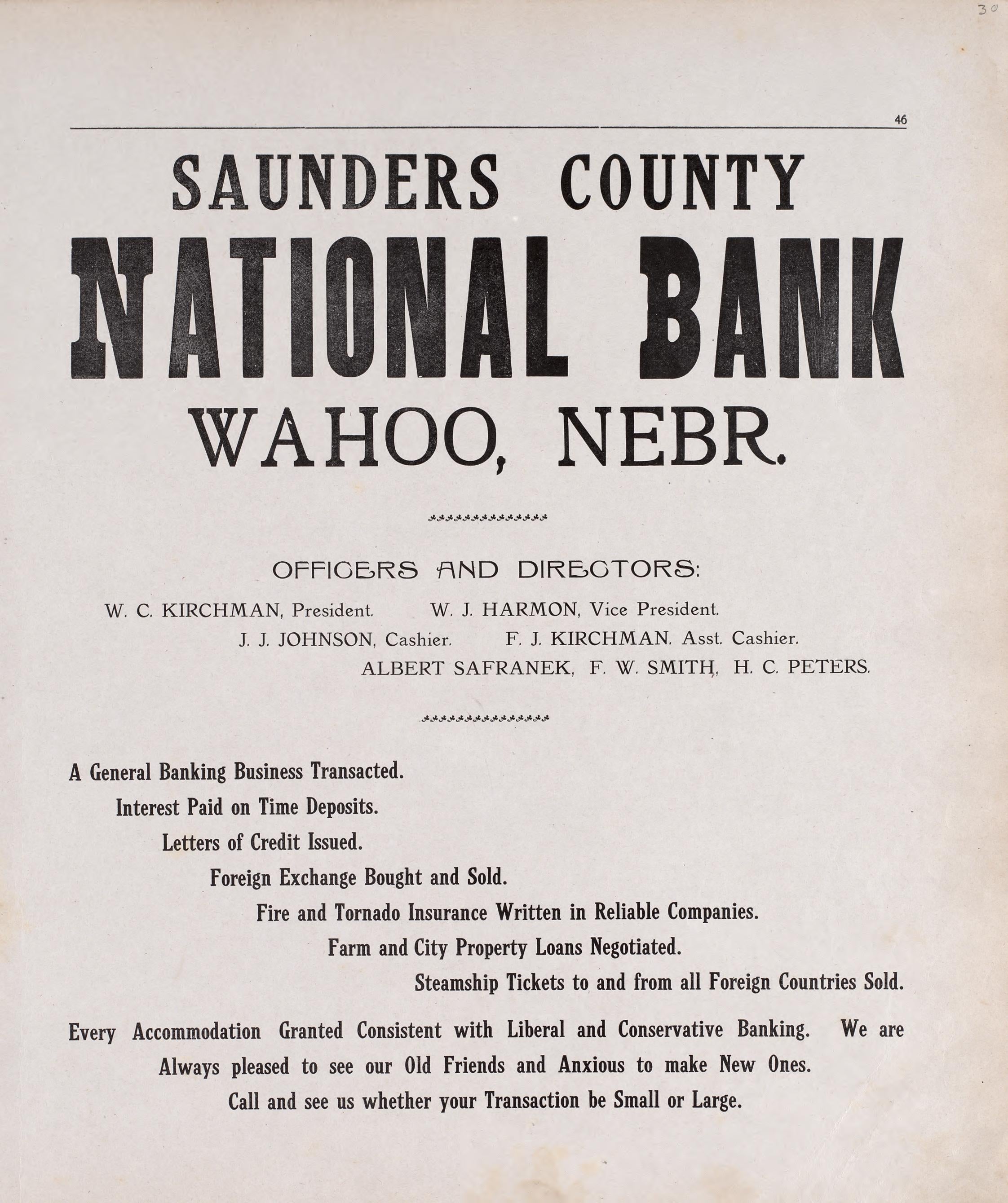 Saunders County National Bank, Wahoo, NE from Plat Book of Saunders County, Nebraska : Containing Carefully Prepared Township Plats, Village Plats, Analysis of U.S. Land System, Leading Farmers Directory : Illustrated 1907 by Relic Map Company