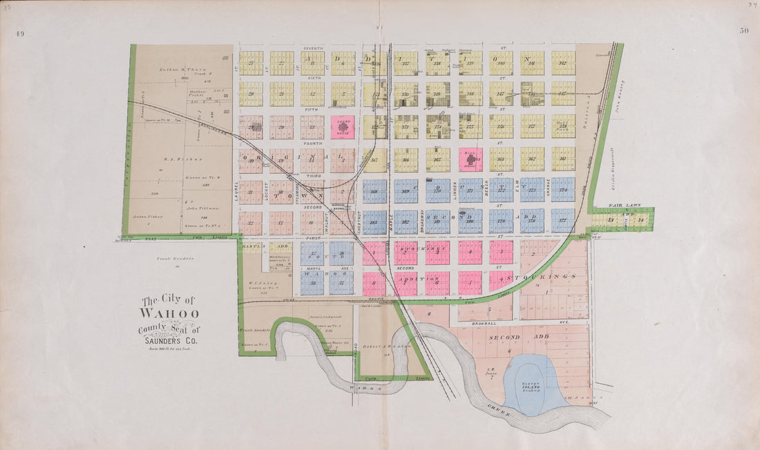 City of Wahoo, County Seat of Saunders County, NE from Plat Book of Saunders County, Nebraska : Containing Carefully Prepared Township Plats, Village Plats, Analysis of U.S. Land System, Leading Farmers Directory : Illustrated 1907 by Relic Map Company