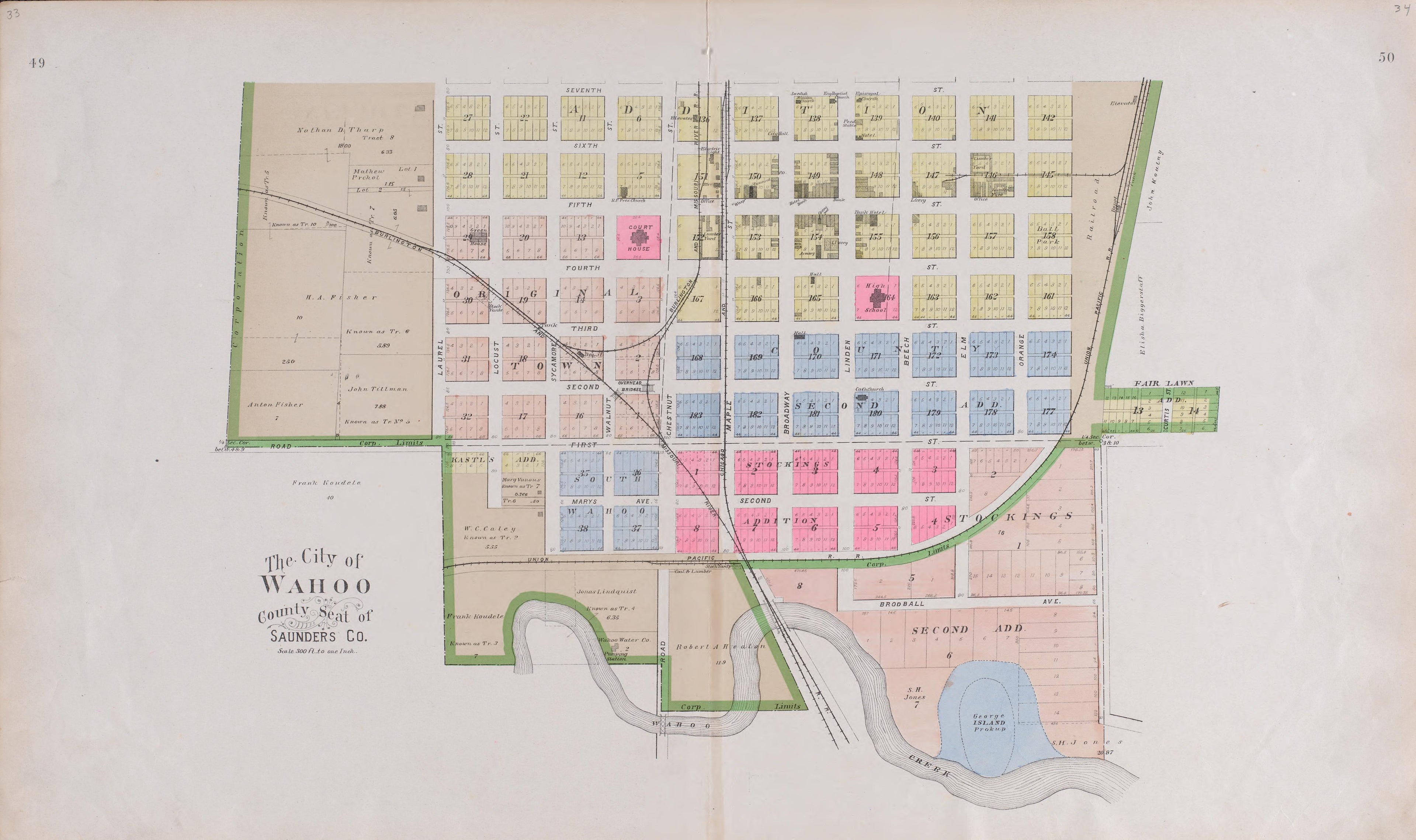 City of Wahoo, County Seat of Saunders County, NE from Plat Book of Saunders County, Nebraska : Containing Carefully Prepared Township Plats, Village Plats, Analysis of U.S. Land System, Leading Farmers Directory : Illustrated 1907 by Relic Map Company