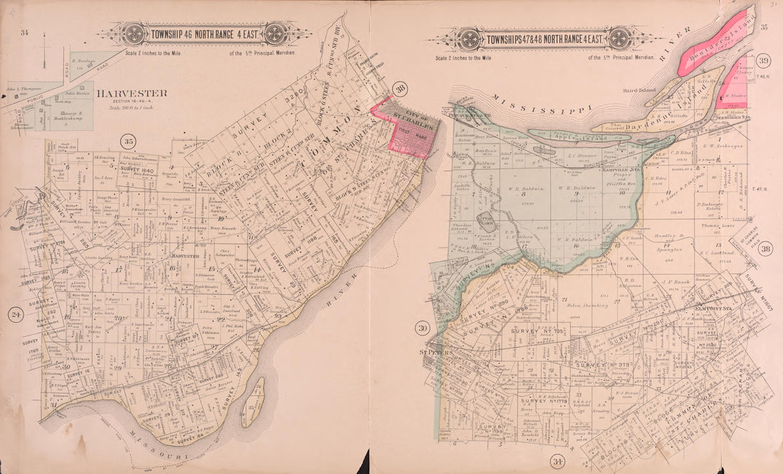 Twp 46 North Range 4 East / Twps 47 &amp; 48 North Range 4 East from Plat Book of St. Charles County, Missouri : Compiled from County Records and Actual Surveys 1905 by Relic Map Company