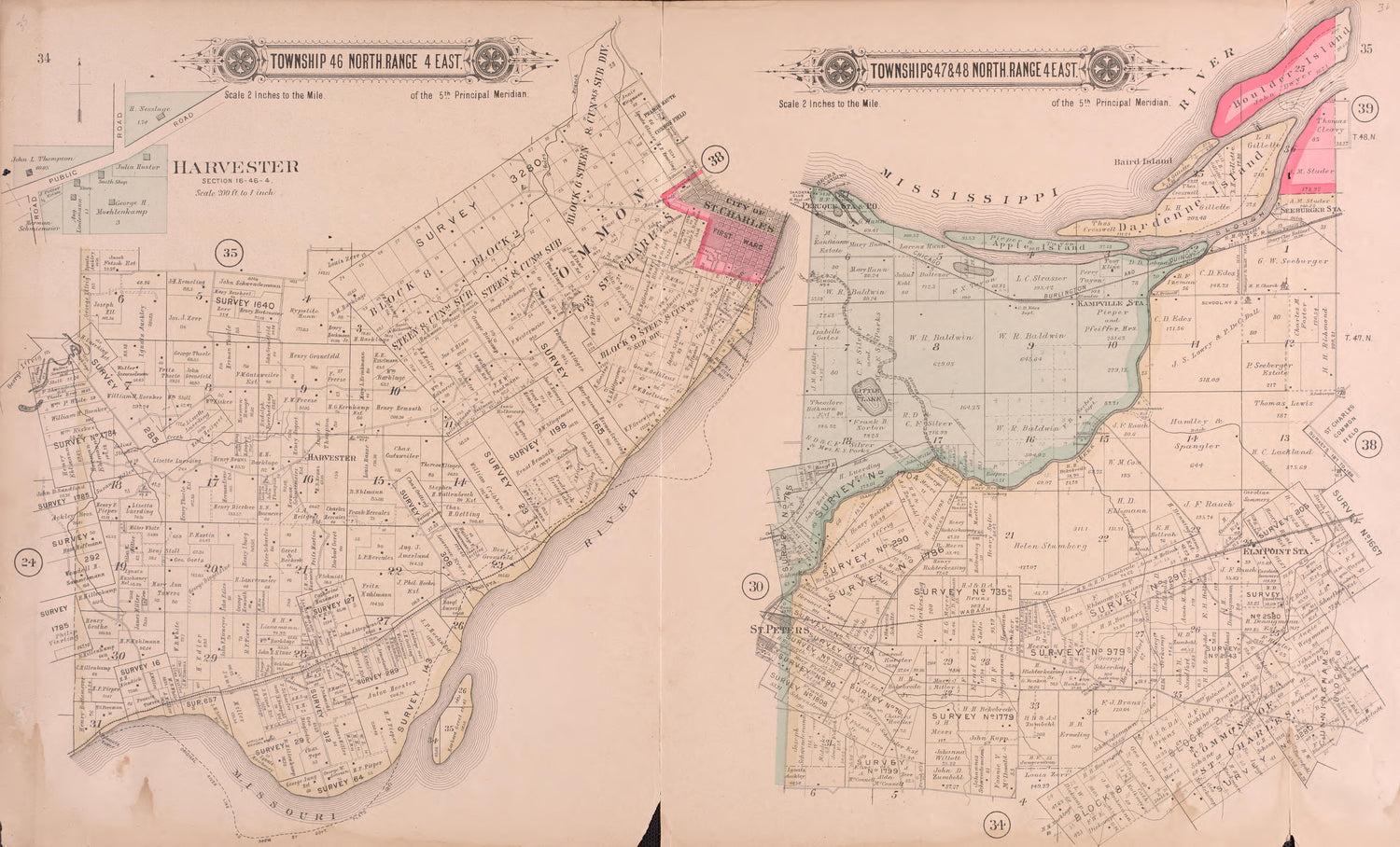 Twp 46 North Range 4 East / Twps 47 &amp; 48 North Range 4 East from Plat Book of St. Charles County, Missouri : Compiled from County Records and Actual Surveys 1905 by Relic Map Company