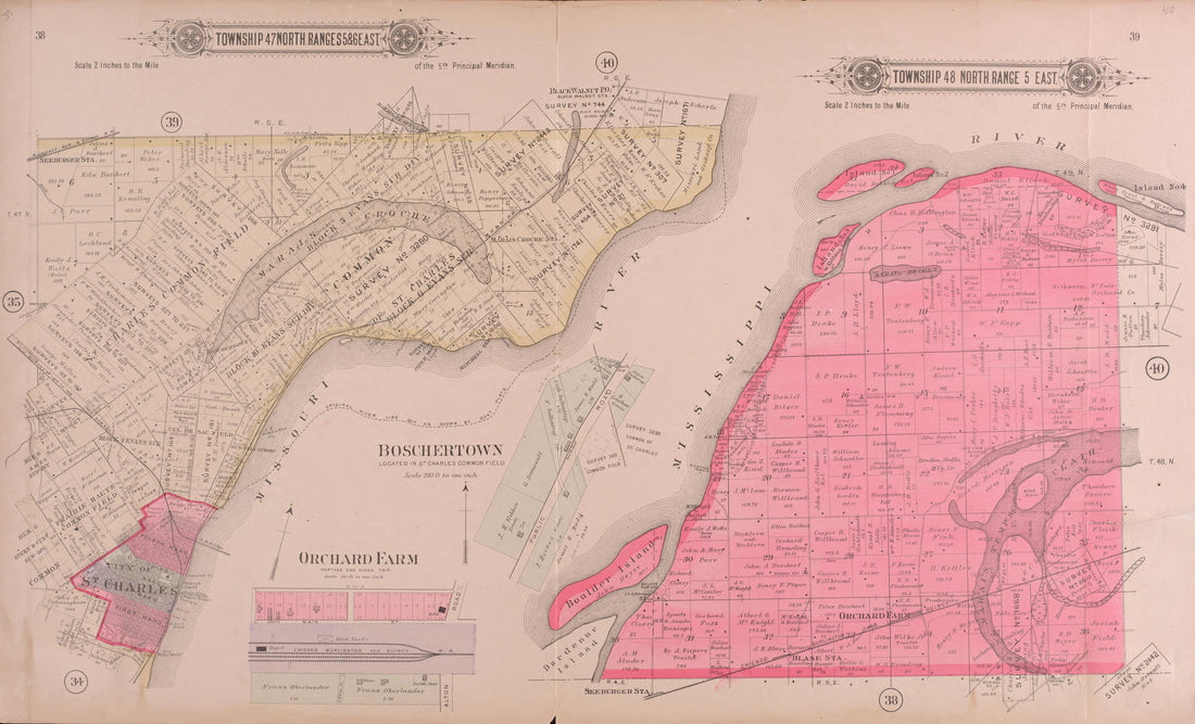 Twp 47 North Ranges 5 &amp; 6 East / Twp 48 North Range 5 East from Plat Book of St. Charles County, Missouri : Compiled from County Records and Actual Surveys 1905 by Relic Map Company