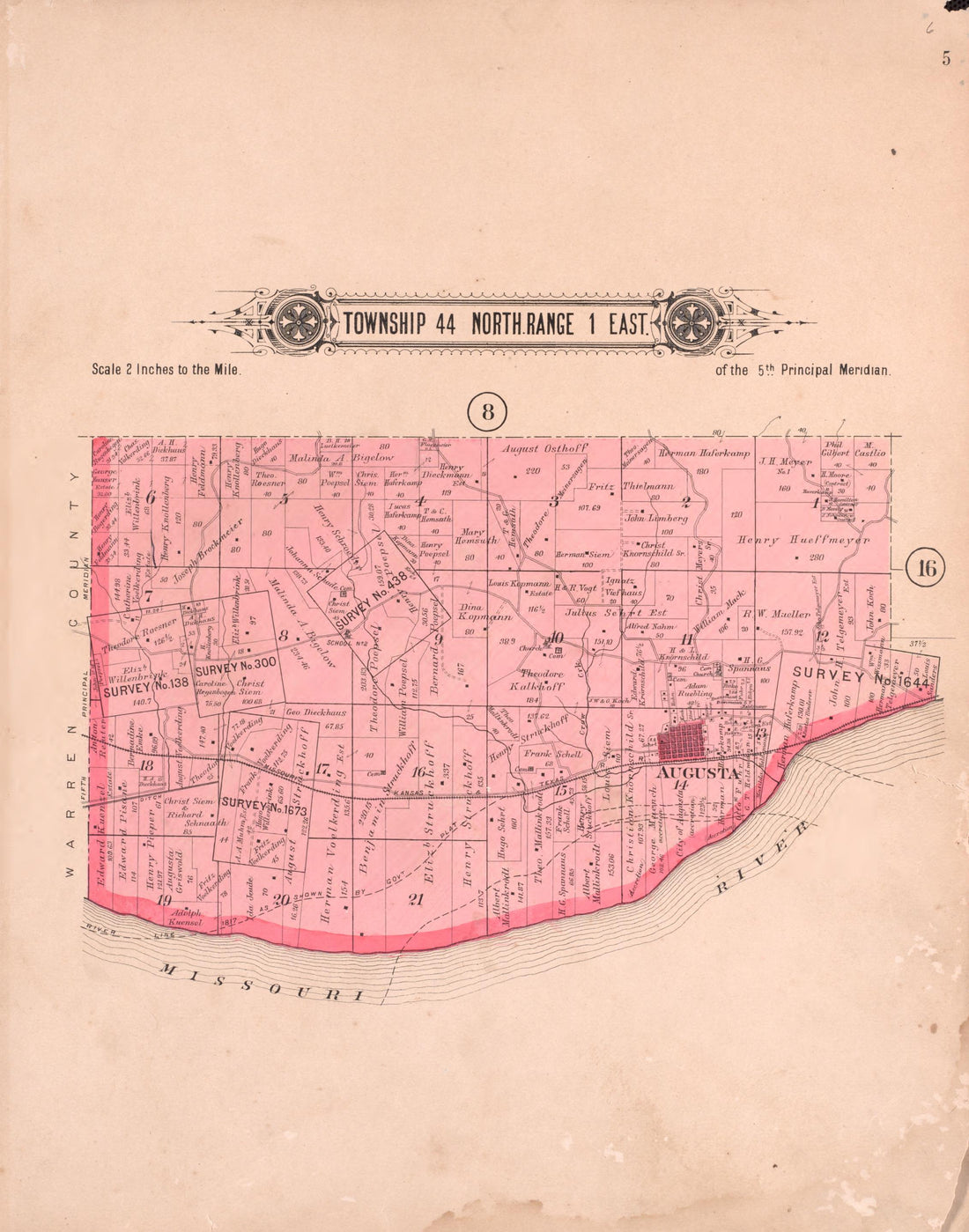 Twp 44 North Range 1 East from Plat Book of St. Charles County, Missouri : Compiled from County Records and Actual Surveys 1905 by Relic Map Company