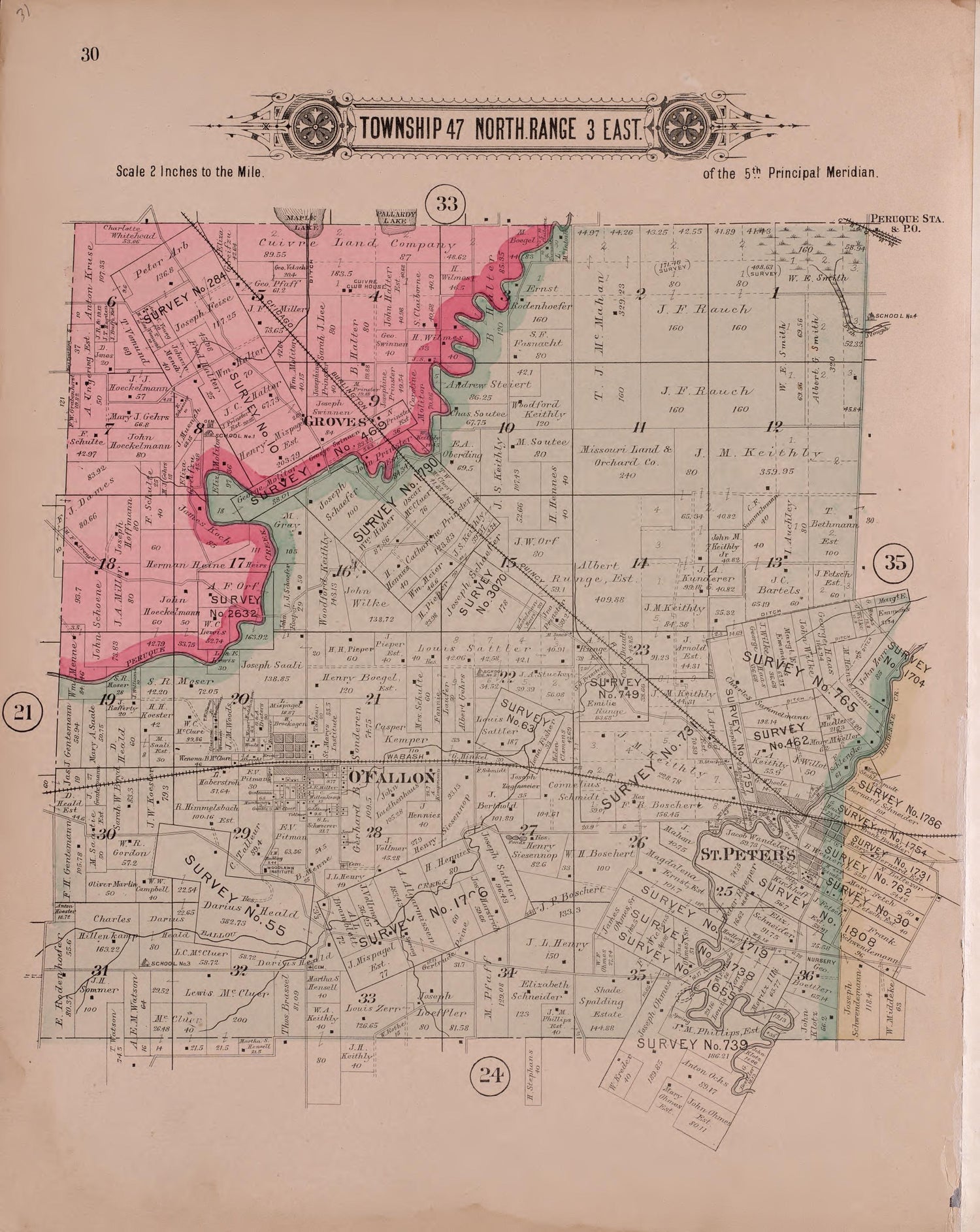 Twp 47 North Range 3 East from Plat Book of St. Charles County, Missouri : Compiled from County Records and Actual Surveys 1905 by Relic Map Company