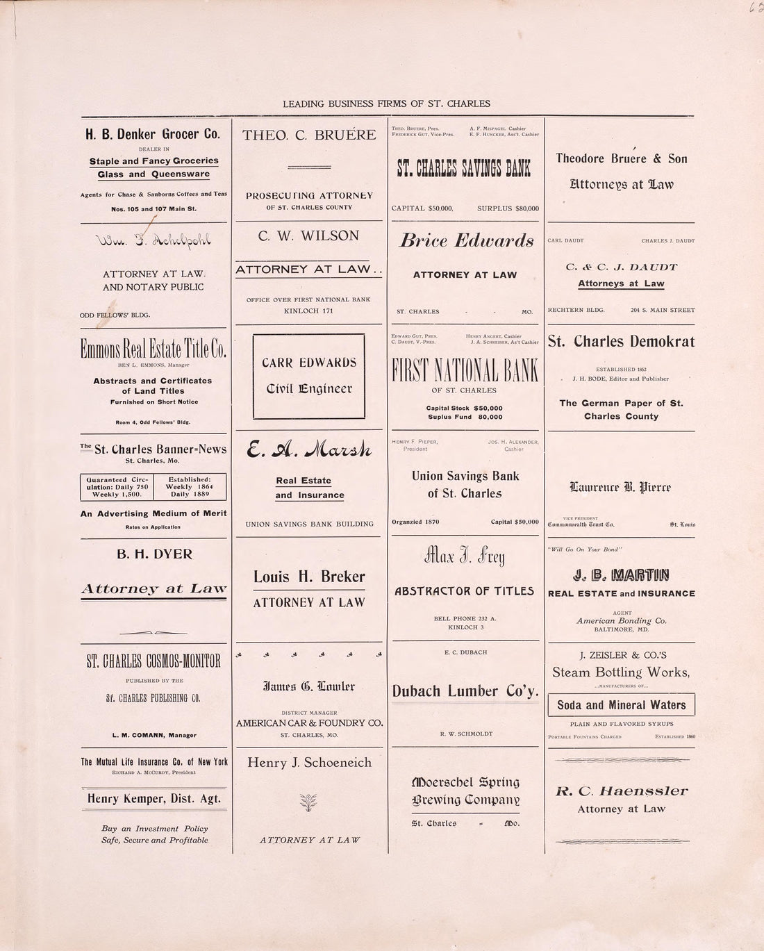 Leading Business Firms of St. Charles (continued) from Plat Book of St. Charles County, Missouri : Compiled from County Records and Actual Surveys 1905 by Relic Map Company