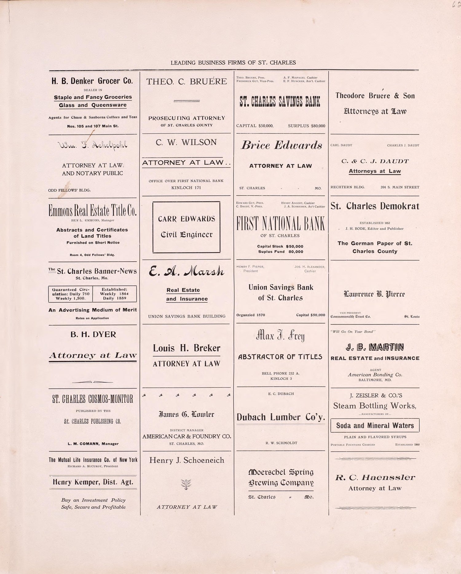 Leading Business Firms of St. Charles (continued) from Plat Book of St. Charles County, Missouri : Compiled from County Records and Actual Surveys 1905 by Relic Map Company