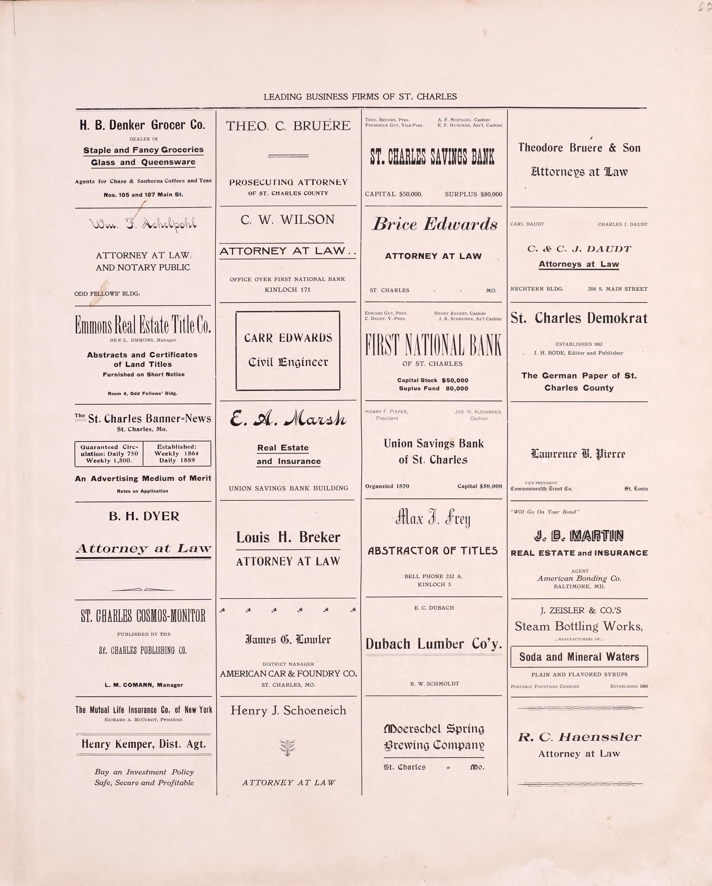 Leading Business Firms of St. Charles (continued) from Plat Book of St. Charles County, Missouri : Compiled from County Records and Actual Surveys 1905 by Relic Map Company
