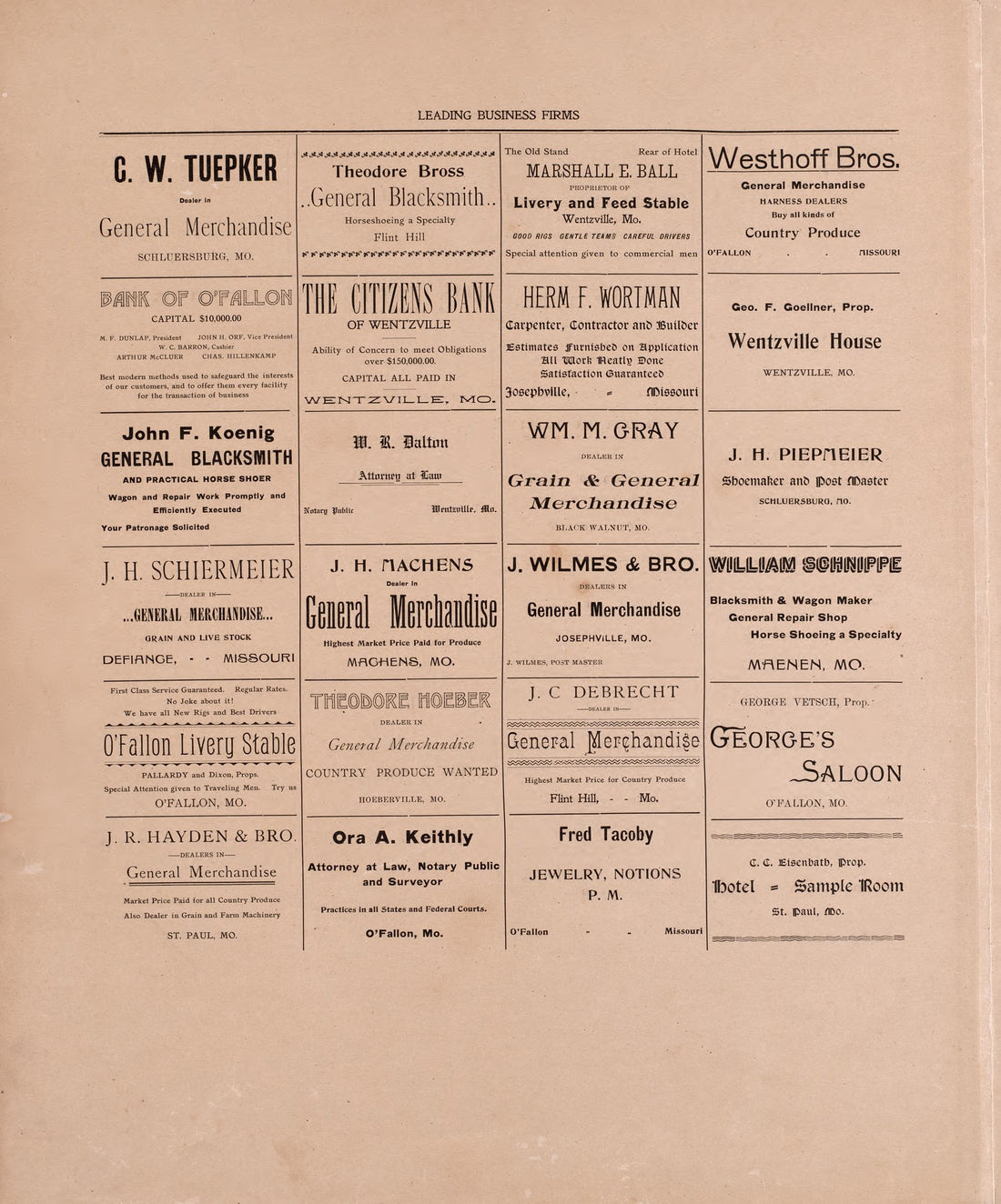 Leading Business Firms of St. Charles (continued) from Plat Book of St. Charles County, Missouri : Compiled from County Records and Actual Surveys 1905 by Relic Map Company