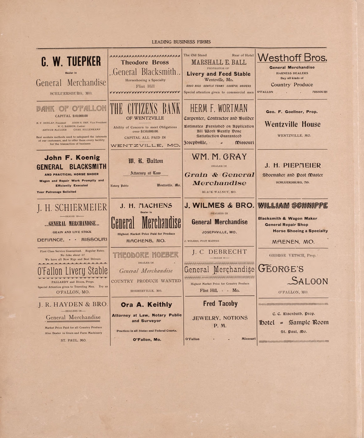 Leading Business Firms of St. Charles (continued) from Plat Book of St. Charles County, Missouri : Compiled from County Records and Actual Surveys 1905 by Relic Map Company