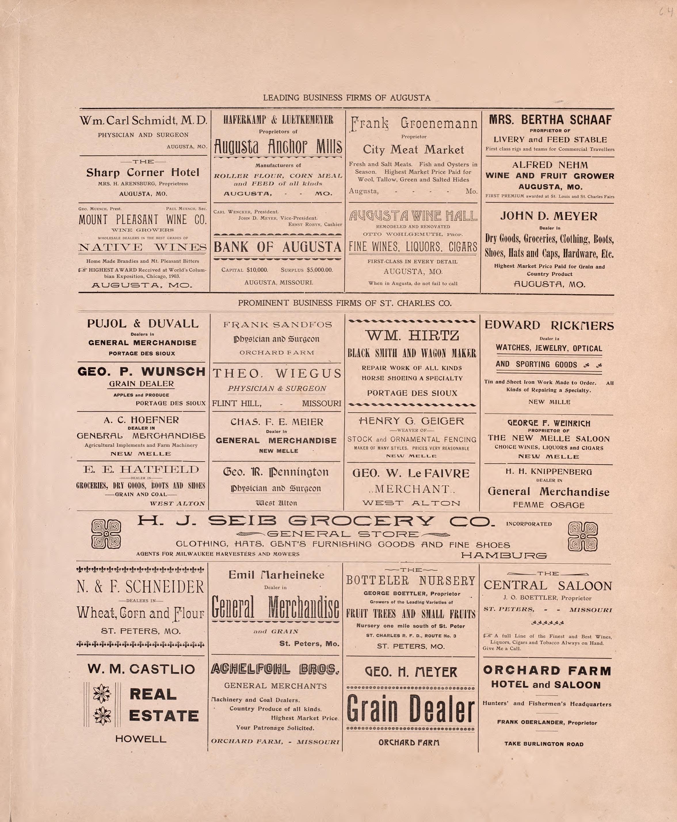 Leading Business Firms of St. Charles (continued) from Plat Book of St. Charles County, Missouri : Compiled from County Records and Actual Surveys 1905 by Relic Map Company