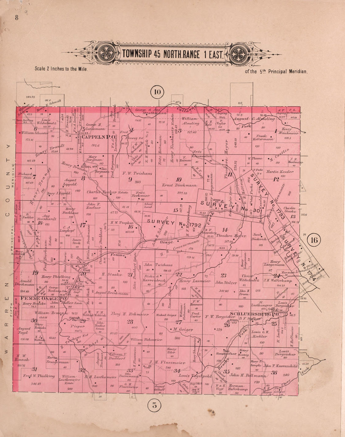 Twp 45 North Range 1 East from Plat Book of St. Charles County, Missouri : Compiled from County Records and Actual Surveys 1905 by Relic Map Company