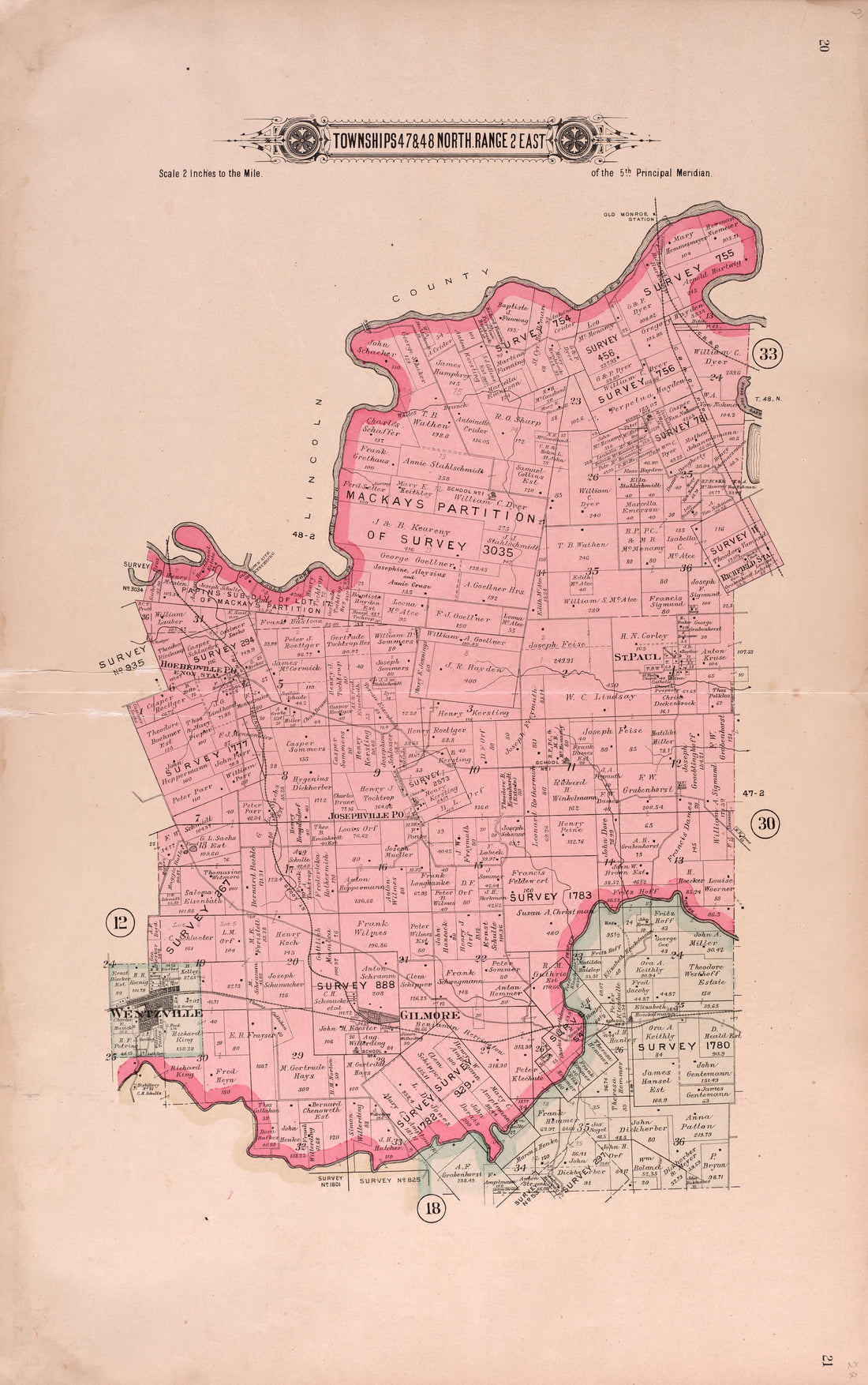 Twps 47 &amp; 48 North Range 2 East from Plat Book of St. Charles County, Missouri : Compiled from County Records and Actual Surveys 1905 by Relic Map Company