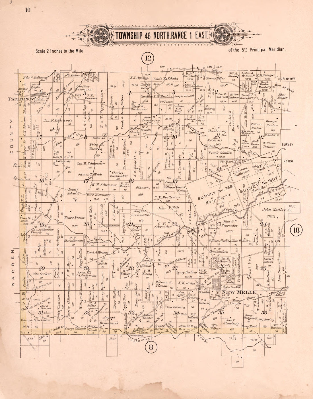 Twp 46 North Range 1 East from Plat Book of St. Charles County, Missouri : Compiled from County Records and Actual Surveys 1905 by Relic Map Company