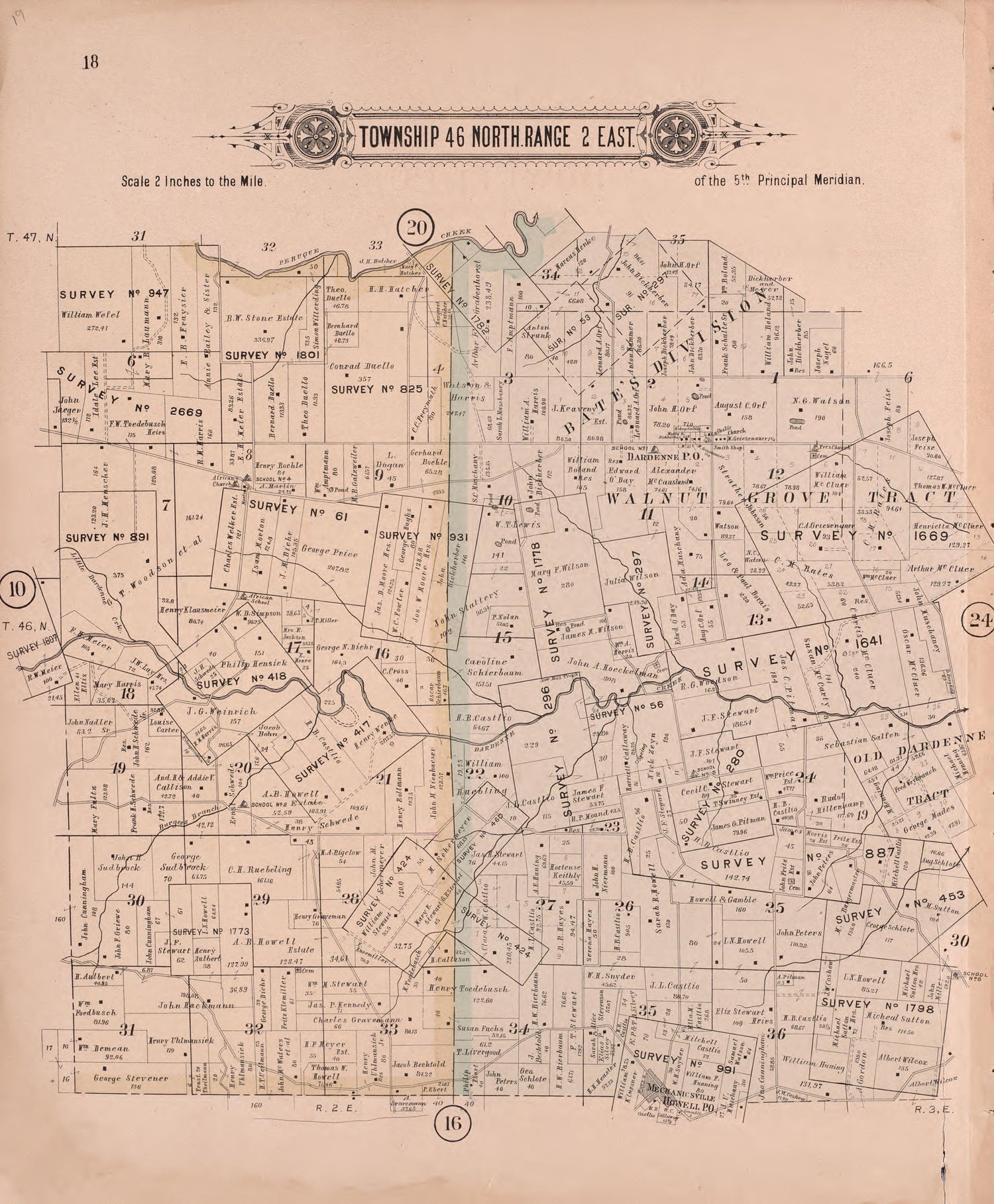 Twp 46 North Range 2 East from Plat Book of St. Charles County, Missouri : Compiled from County Records and Actual Surveys 1905 by Relic Map Company