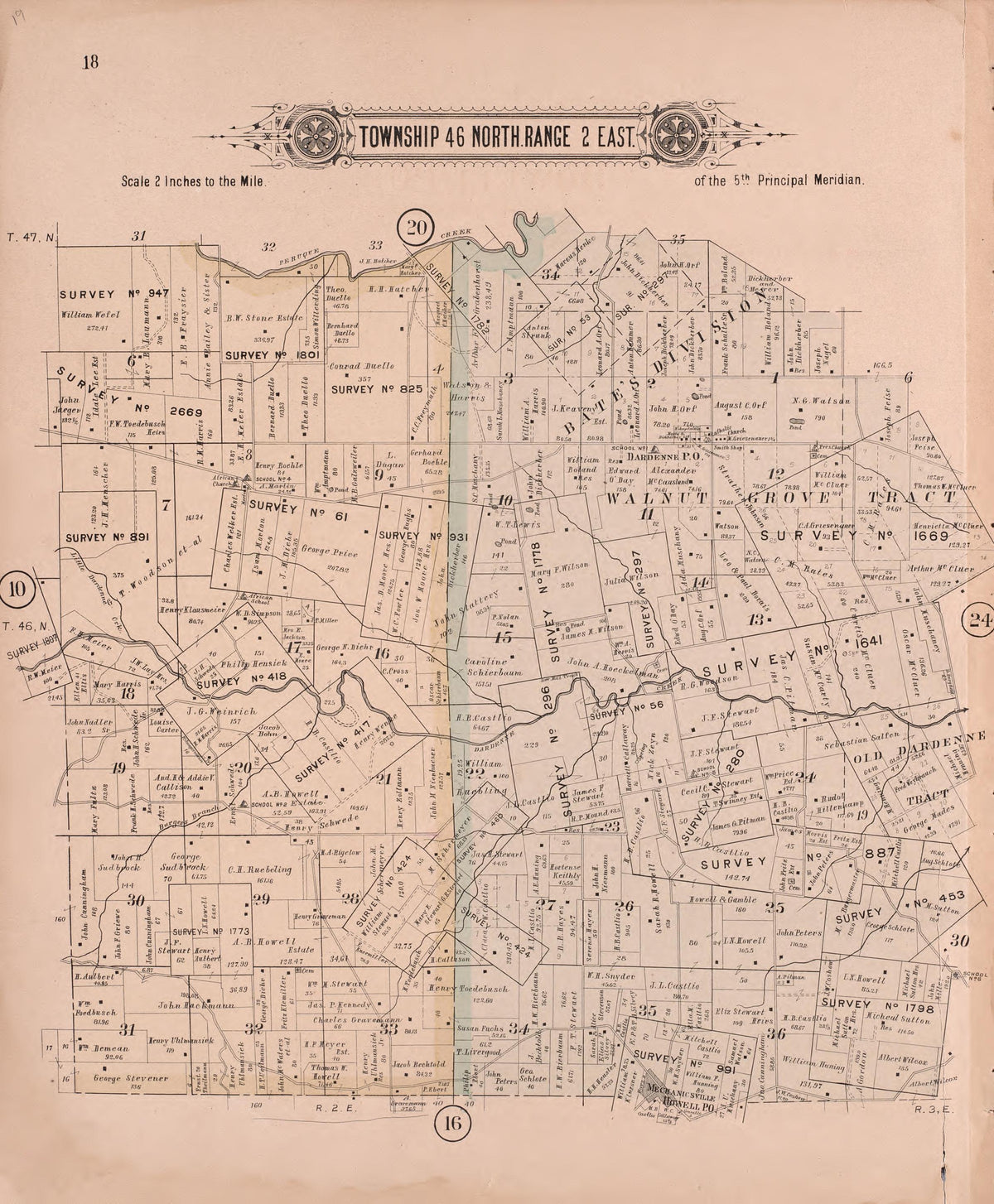 Twp 46 North Range 2 East from Plat Book of St. Charles County, Missouri : Compiled from County Records and Actual Surveys 1905 by Relic Map Company