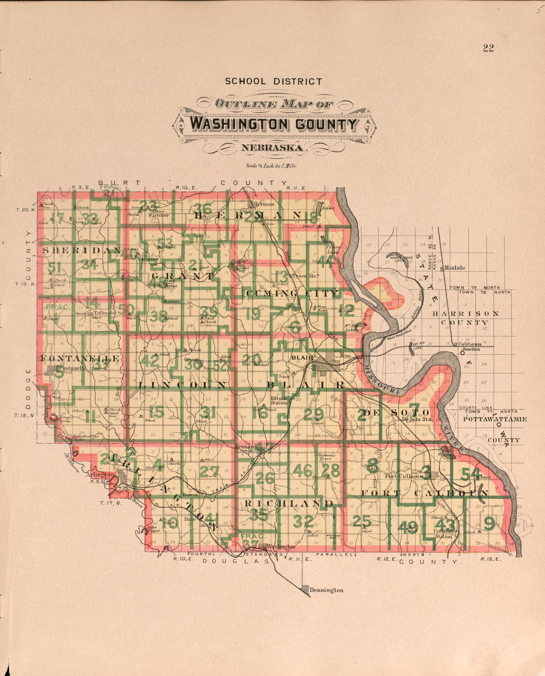 Washington County, School District from Plat Book of Washington County, Nebraska : Containing Carefully Prepared Township Plats, Village Plats, Analysis of U.S. Land System, State, United States and World Maps : Illustrated 1908 by Relic Map Company