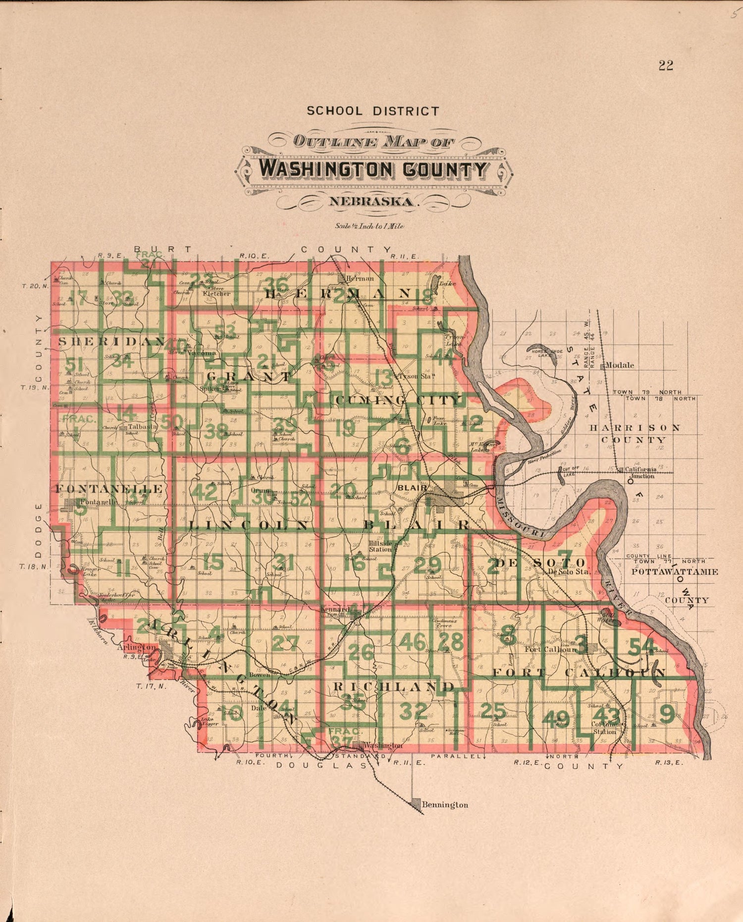 Washington County, School District from Plat Book of Washington County, Nebraska : Containing Carefully Prepared Township Plats, Village Plats, Analysis of U.S. Land System, State, United States and World Maps : Illustrated 1908 by Relic Map Company