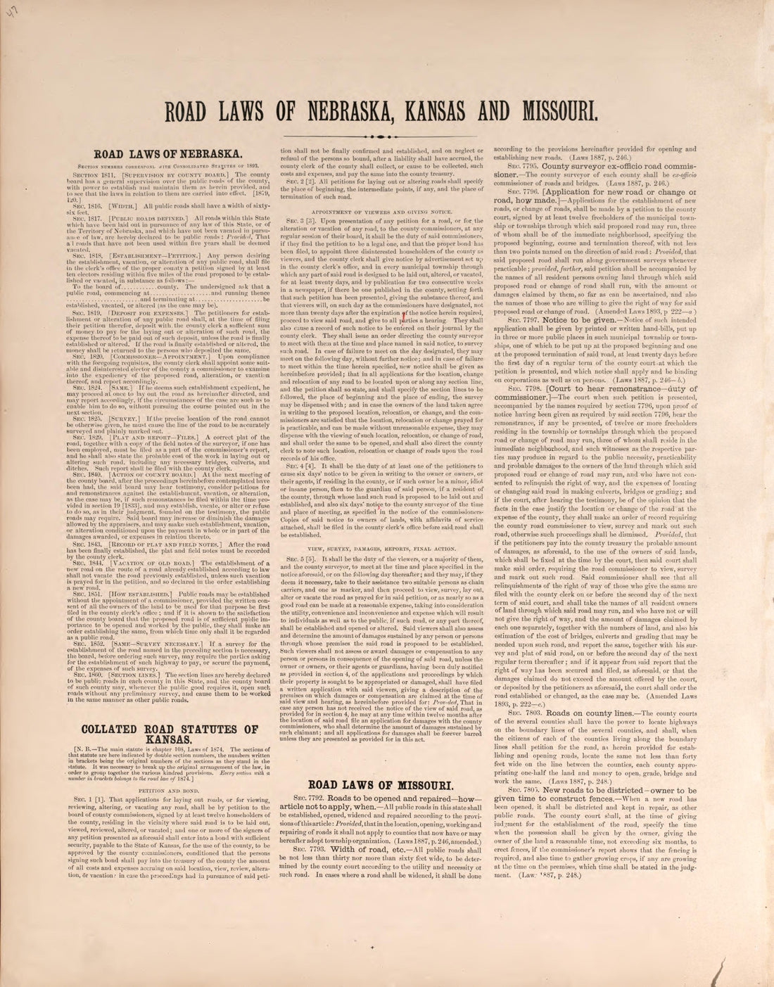 Road Laws of Nebraska, Kansas and Missouri from Plat Book of Washington County, Nebraska : Containing Carefully Prepared Township Plats, Village Plats, Analysis of U.S. Land System, State, United States and World Maps : Illustrated 1908 by Relic Map Company