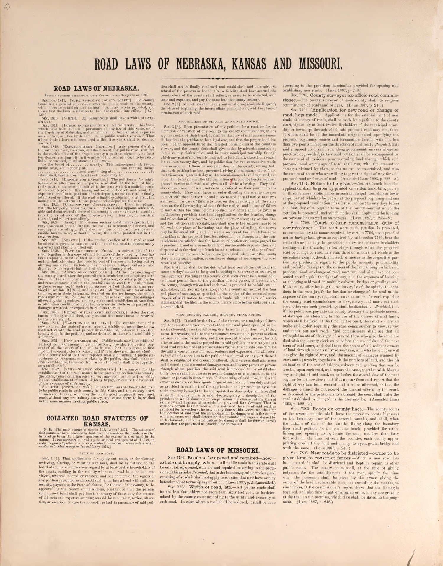 Road Laws of Nebraska, Kansas and Missouri from Plat Book of Washington County, Nebraska : Containing Carefully Prepared Township Plats, Village Plats, Analysis of U.S. Land System, State, United States and World Maps : Illustrated 1908 by Relic Map Company