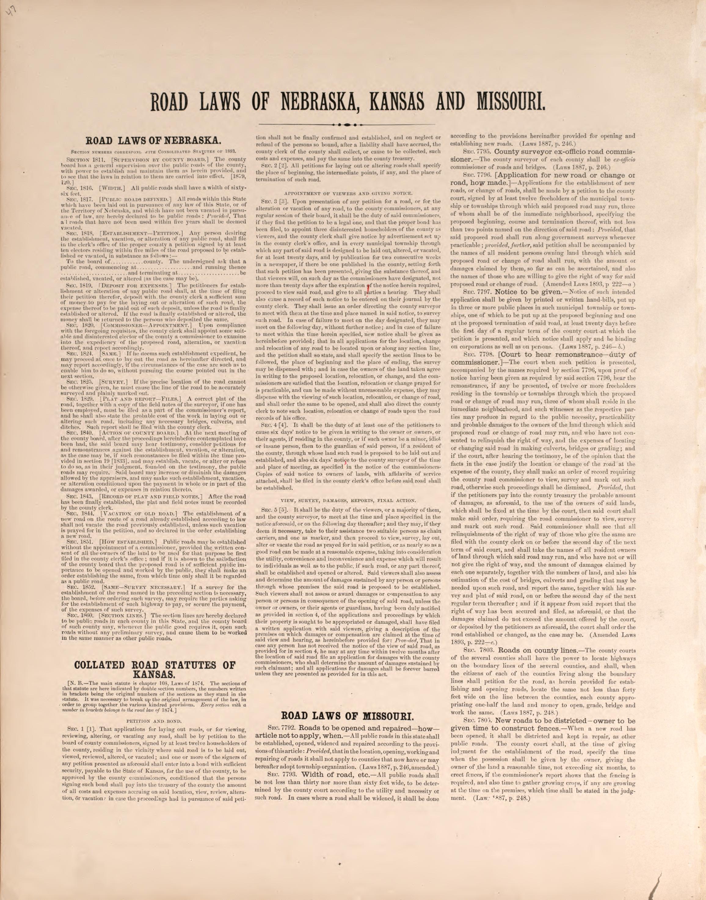 Road Laws of Nebraska, Kansas and Missouri from Plat Book of Washington County, Nebraska : Containing Carefully Prepared Township Plats, Village Plats, Analysis of U.S. Land System, State, United States and World Maps : Illustrated 1908 by Relic Map Company