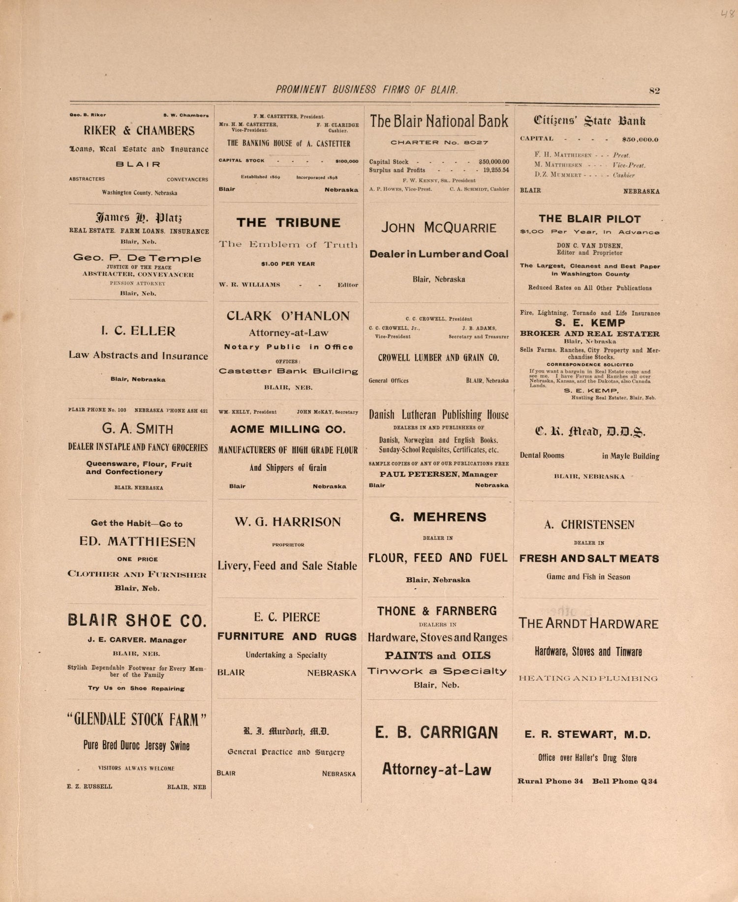 Business Firms In Blair, P. 1 from Plat Book of Washington County, Nebraska : Containing Carefully Prepared Township Plats, Village Plats, Analysis of U.S. Land System, State, United States and World Maps : Illustrated 1908 by Relic Map Company