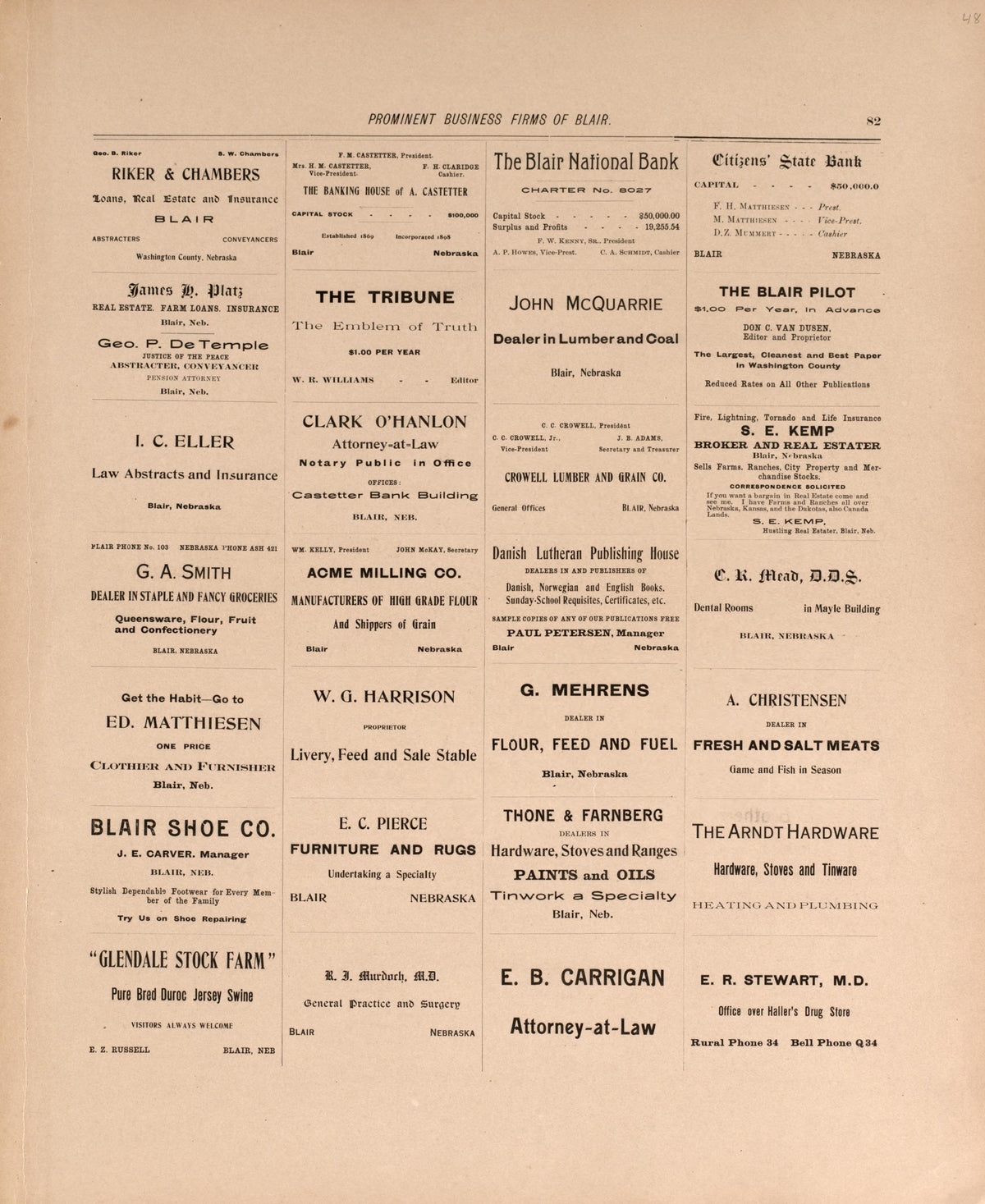 Business Firms In Blair, P. 1 from Plat Book of Washington County, Nebraska : Containing Carefully Prepared Township Plats, Village Plats, Analysis of U.S. Land System, State, United States and World Maps : Illustrated 1908 by Relic Map Company