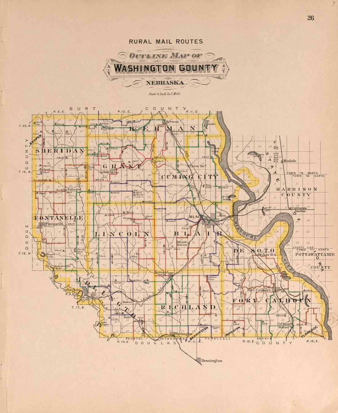 Rural Mail Routes Map of Washington County from Plat Book of Washington County, Nebraska : Containing Carefully Prepared Township Plats, Village Plats, Analysis of U.S. Land System, State, United States and World Maps : Illustrated 1908 by Relic Map Company