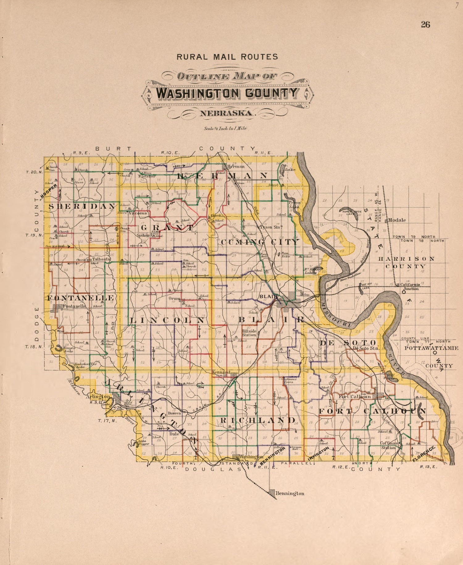 Rural Mail Routes Map of Washington County from Plat Book of Washington County, Nebraska : Containing Carefully Prepared Township Plats, Village Plats, Analysis of U.S. Land System, State, United States and World Maps : Illustrated 1908 by Relic Map Company