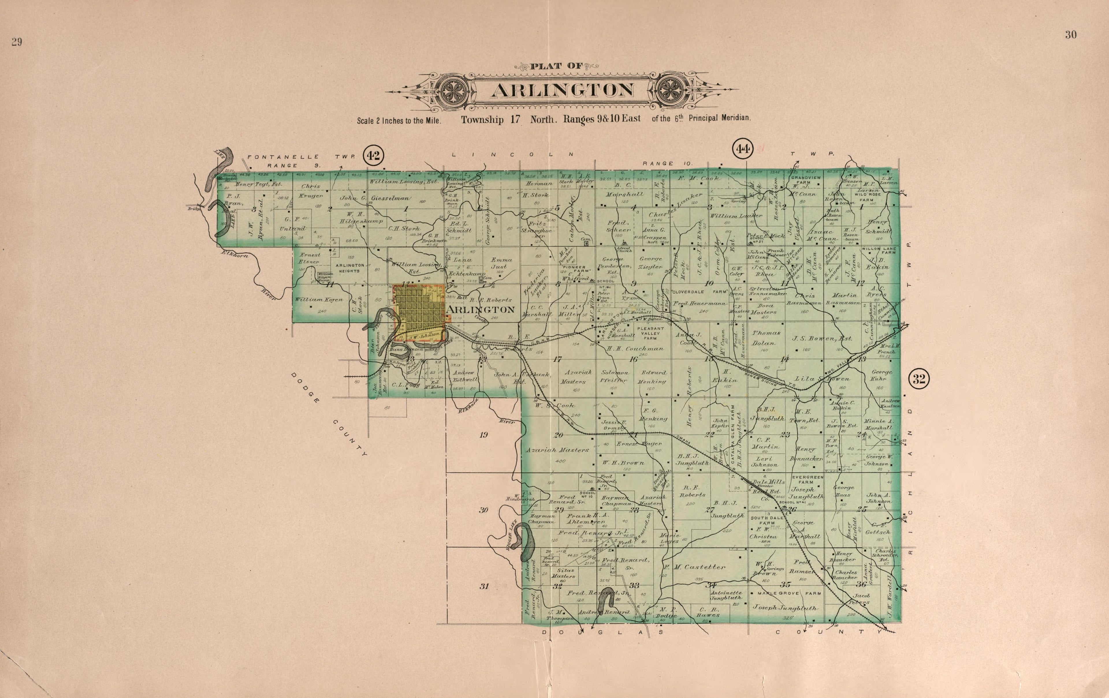 Arlington from Plat Book of Washington County, Nebraska : Containing Carefully Prepared Township Plats, Village Plats, Analysis of U.S. Land System, State, United States and World Maps : Illustrated 1908 by Relic Map Company