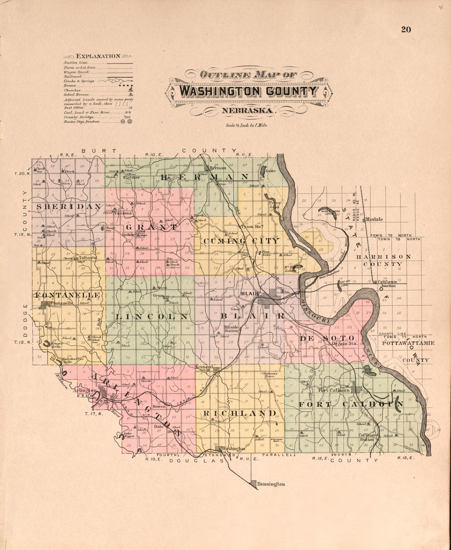 Washington County from Plat Book of Washington County, Nebraska : Containing Carefully Prepared Township Plats, Village Plats, Analysis of U.S. Land System, State, United States and World Maps : Illustrated 1908 by Relic Map Company