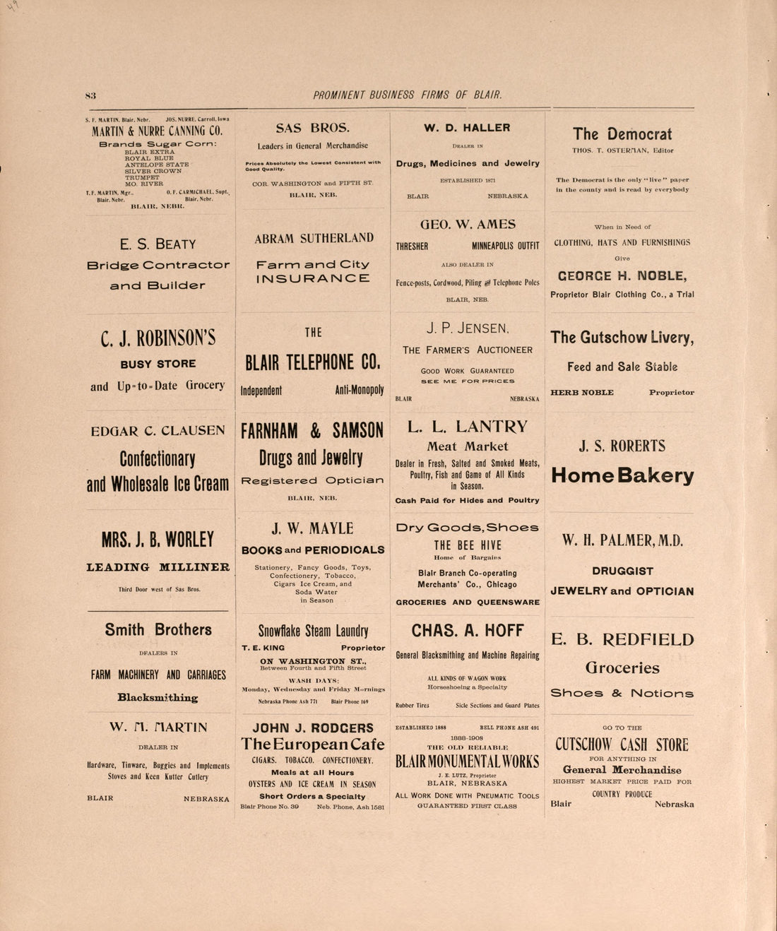 Business Firms In Blair, P. 2 from Plat Book of Washington County, Nebraska : Containing Carefully Prepared Township Plats, Village Plats, Analysis of U.S. Land System, State, United States and World Maps : Illustrated 1908 by Relic Map Company