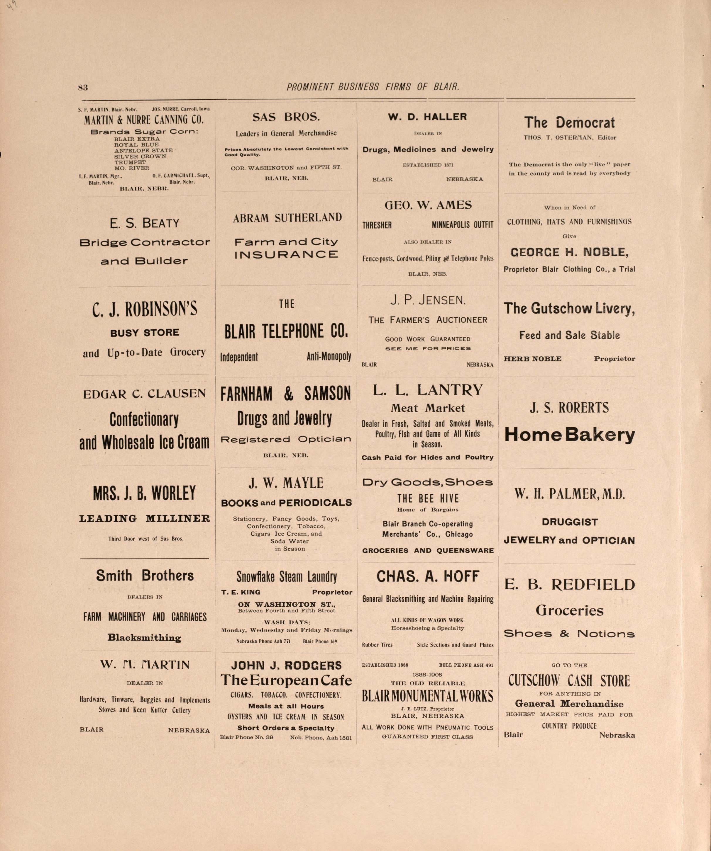 Business Firms In Blair, P. 2 from Plat Book of Washington County, Nebraska : Containing Carefully Prepared Township Plats, Village Plats, Analysis of U.S. Land System, State, United States and World Maps : Illustrated 1908 by Relic Map Company