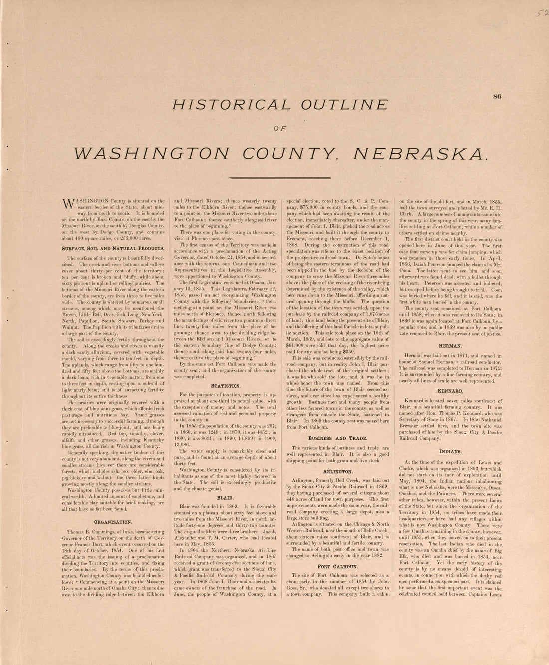Historical Outline of Washington County, P. 1 from Plat Book of Washington County, Nebraska : Containing Carefully Prepared Township Plats, Village Plats, Analysis of U.S. Land System, State, United States and World Maps : Illustrated 1908 by Relic Map Company