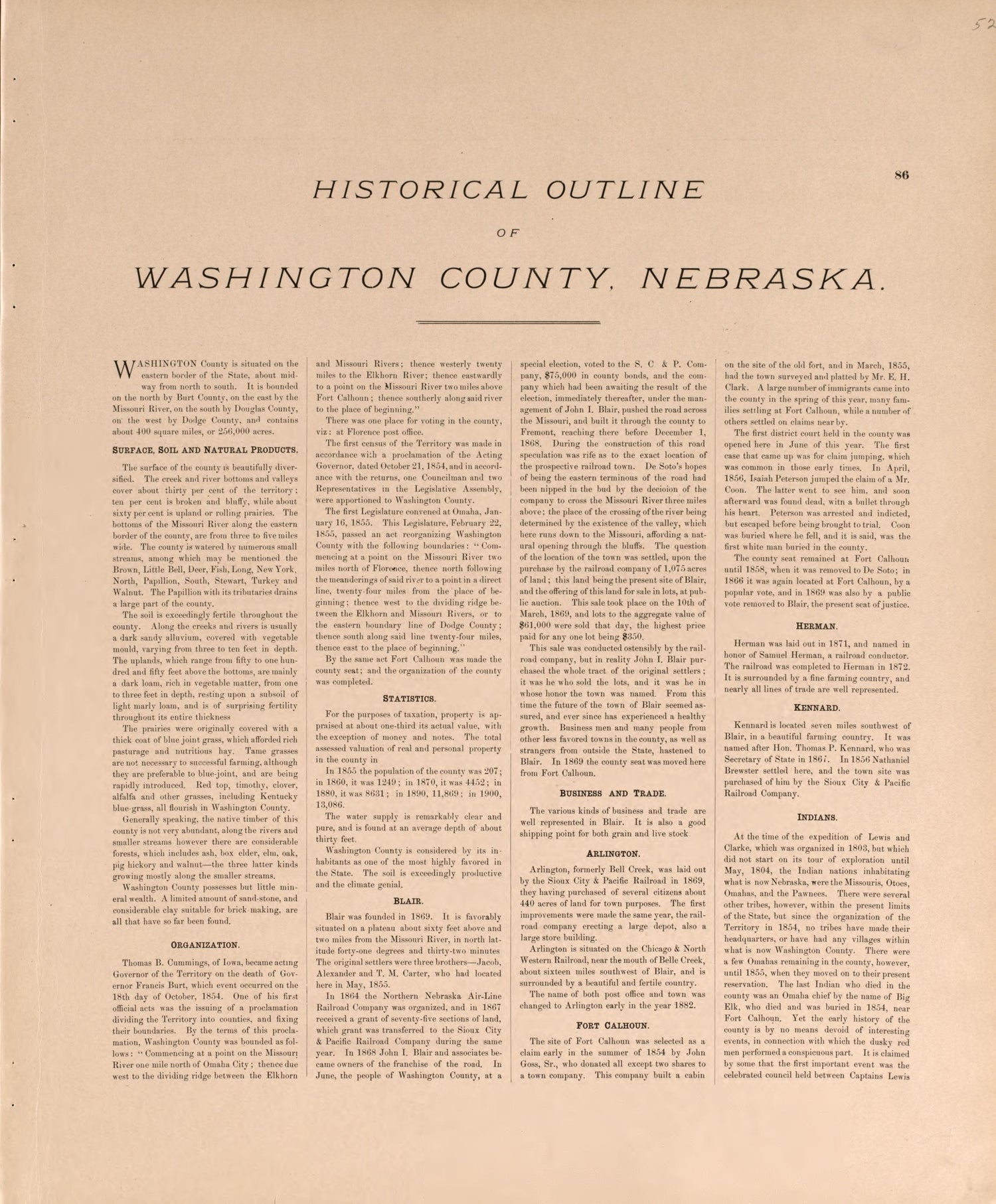 Historical Outline of Washington County, P. 1 from Plat Book of Washington County, Nebraska : Containing Carefully Prepared Township Plats, Village Plats, Analysis of U.S. Land System, State, United States and World Maps : Illustrated 1908 by Relic Map Company
