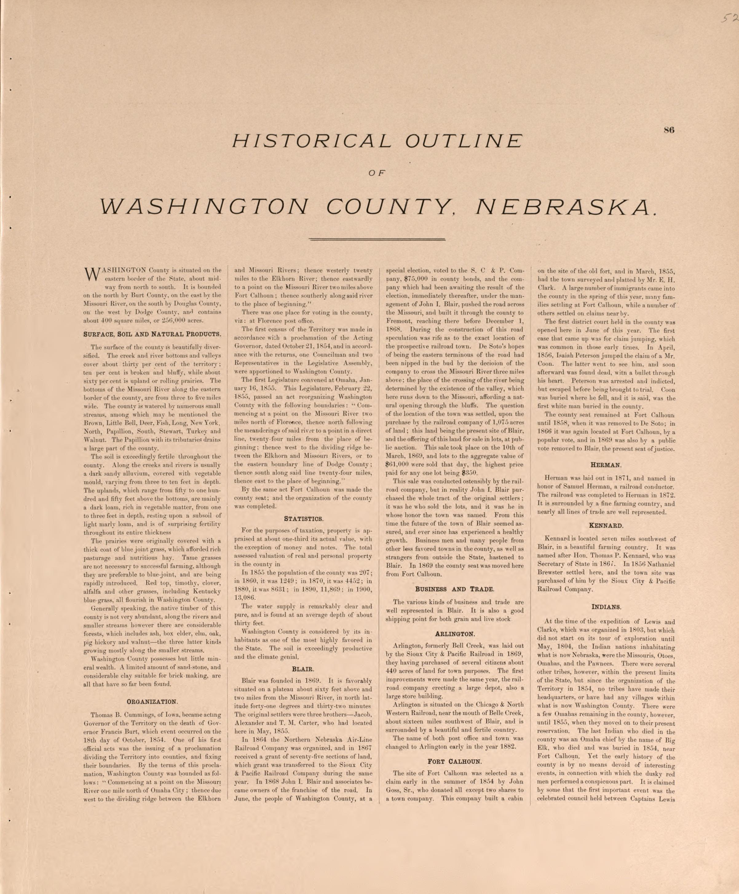 Historical Outline of Washington County, P. 1 from Plat Book of Washington County, Nebraska : Containing Carefully Prepared Township Plats, Village Plats, Analysis of U.S. Land System, State, United States and World Maps : Illustrated 1908 by Relic Map Company