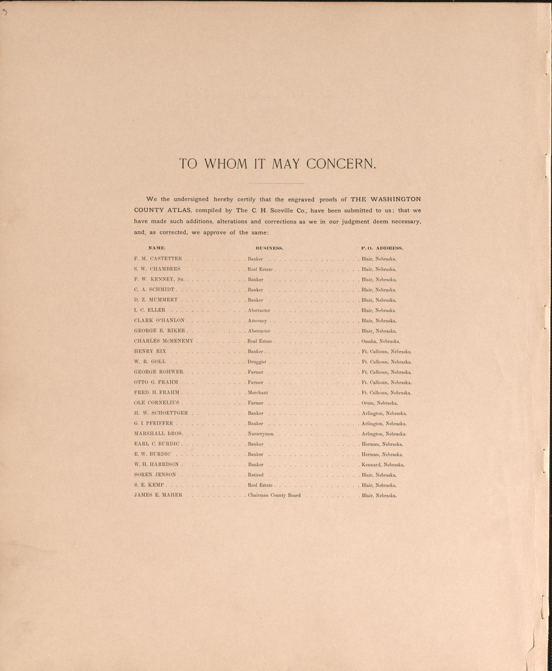 To Whom It May Concern from Plat Book of Washington County, Nebraska : Containing Carefully Prepared Township Plats, Village Plats, Analysis of U.S. Land System, State, United States and World Maps : Illustrated 1908 by Relic Map Company