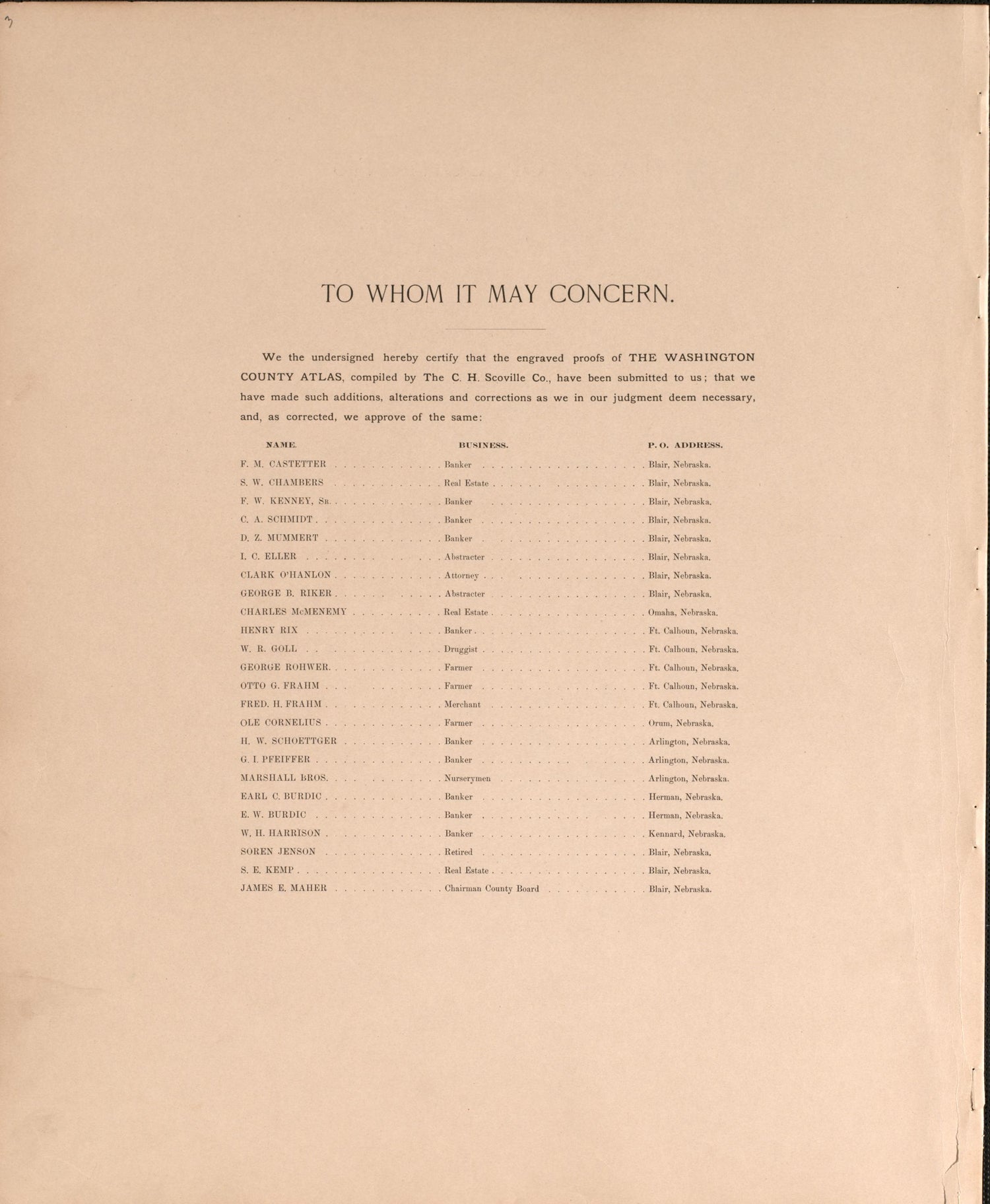 To Whom It May Concern from Plat Book of Washington County, Nebraska : Containing Carefully Prepared Township Plats, Village Plats, Analysis of U.S. Land System, State, United States and World Maps : Illustrated 1908 by Relic Map Company