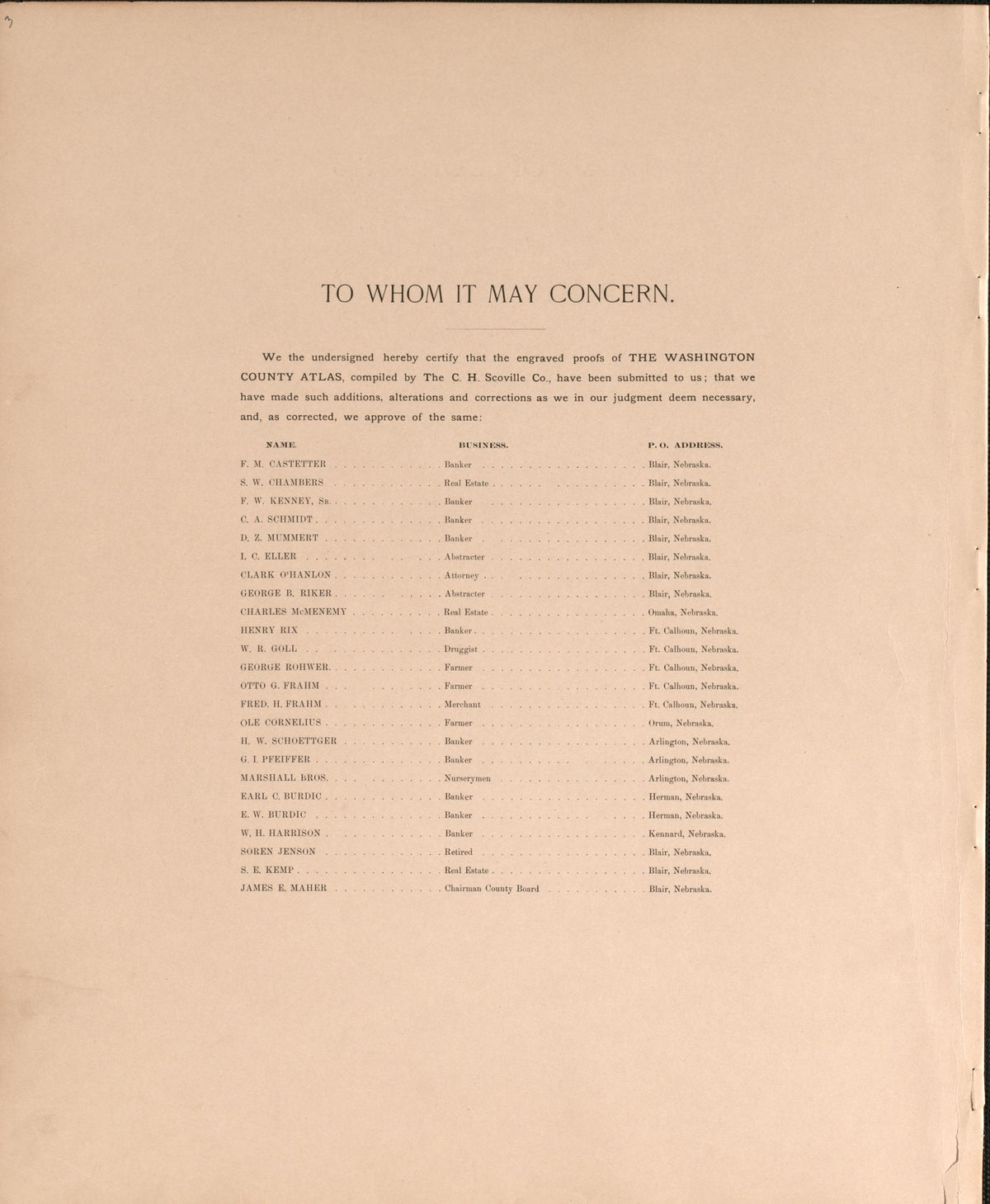 To Whom It May Concern from Plat Book of Washington County, Nebraska : Containing Carefully Prepared Township Plats, Village Plats, Analysis of U.S. Land System, State, United States and World Maps : Illustrated 1908 by Relic Map Company