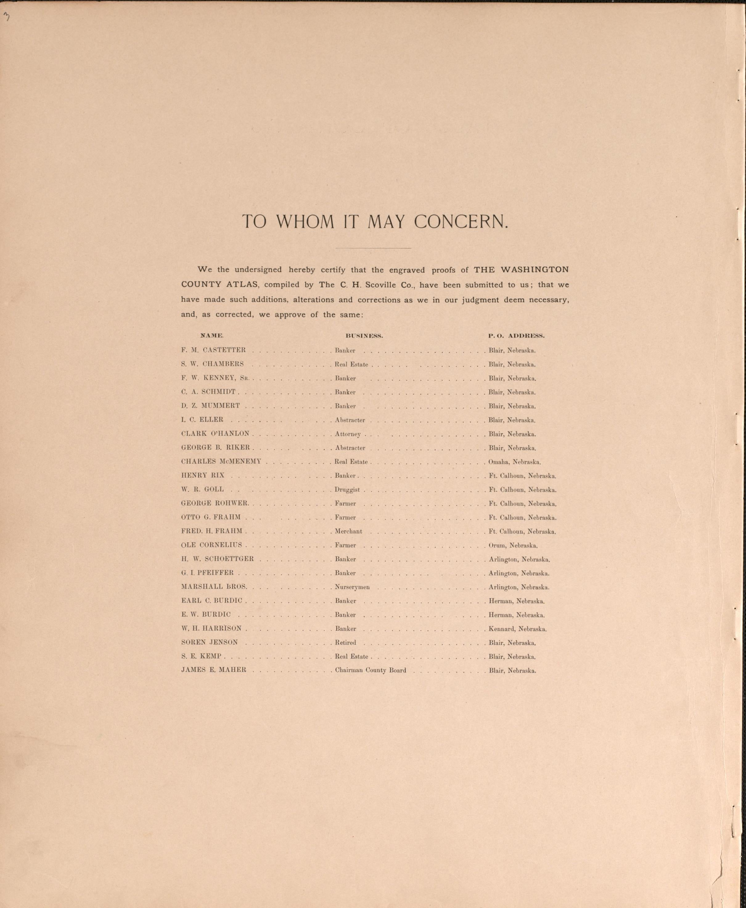 To Whom It May Concern from Plat Book of Washington County, Nebraska : Containing Carefully Prepared Township Plats, Village Plats, Analysis of U.S. Land System, State, United States and World Maps : Illustrated 1908 by Relic Map Company