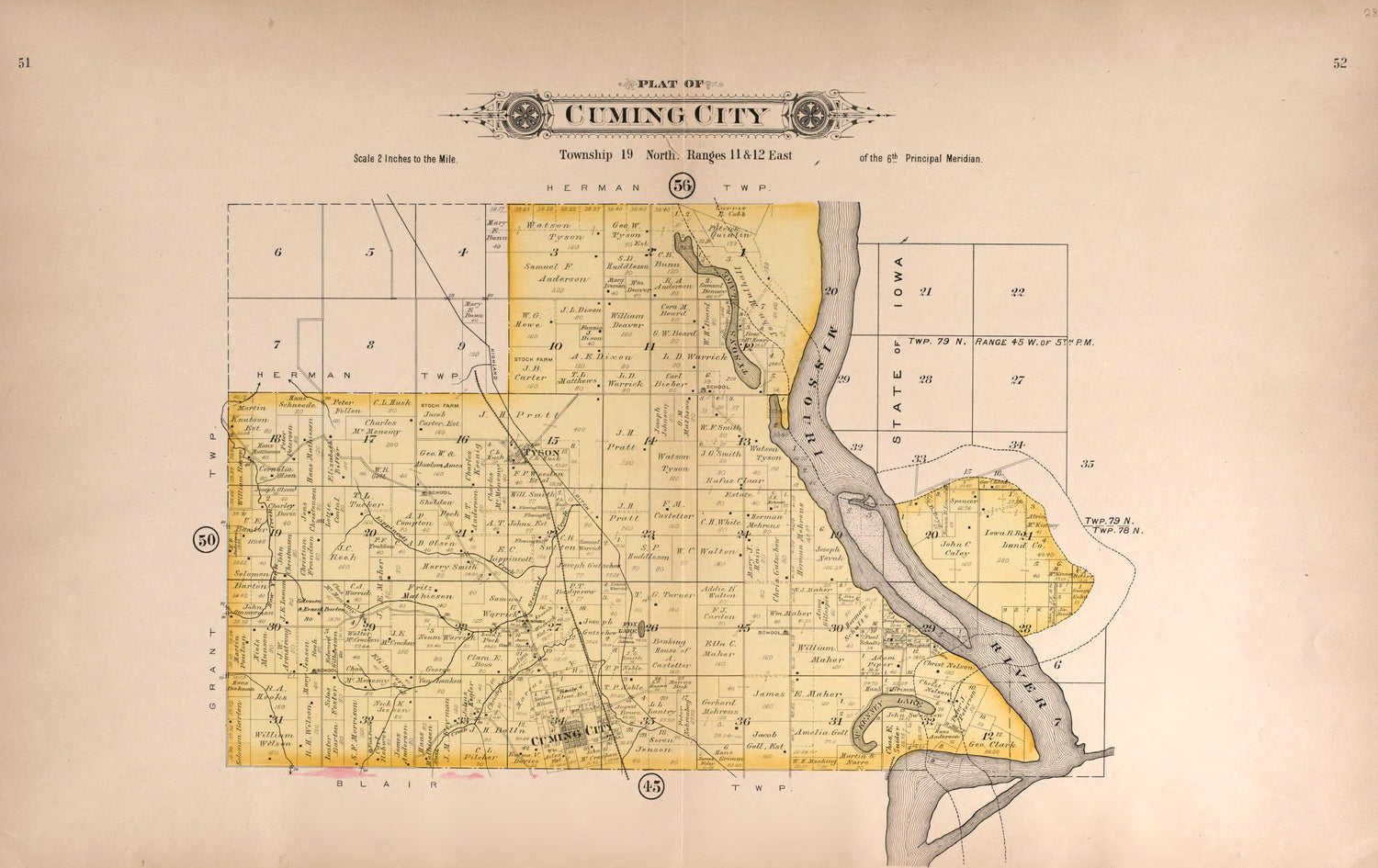 Cuming City from Plat Book of Washington County, Nebraska : Containing Carefully Prepared Township Plats, Village Plats, Analysis of U.S. Land System, State, United States and World Maps : Illustrated 1908 by Relic Map Company