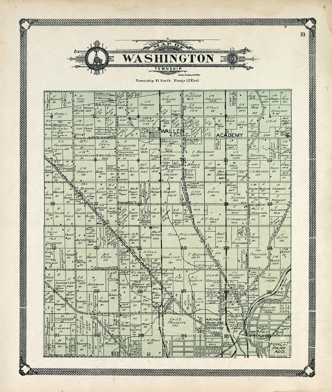 Map of Washington Township from Plat Book of Allen County, Indiana 1907 by Relic Map Company