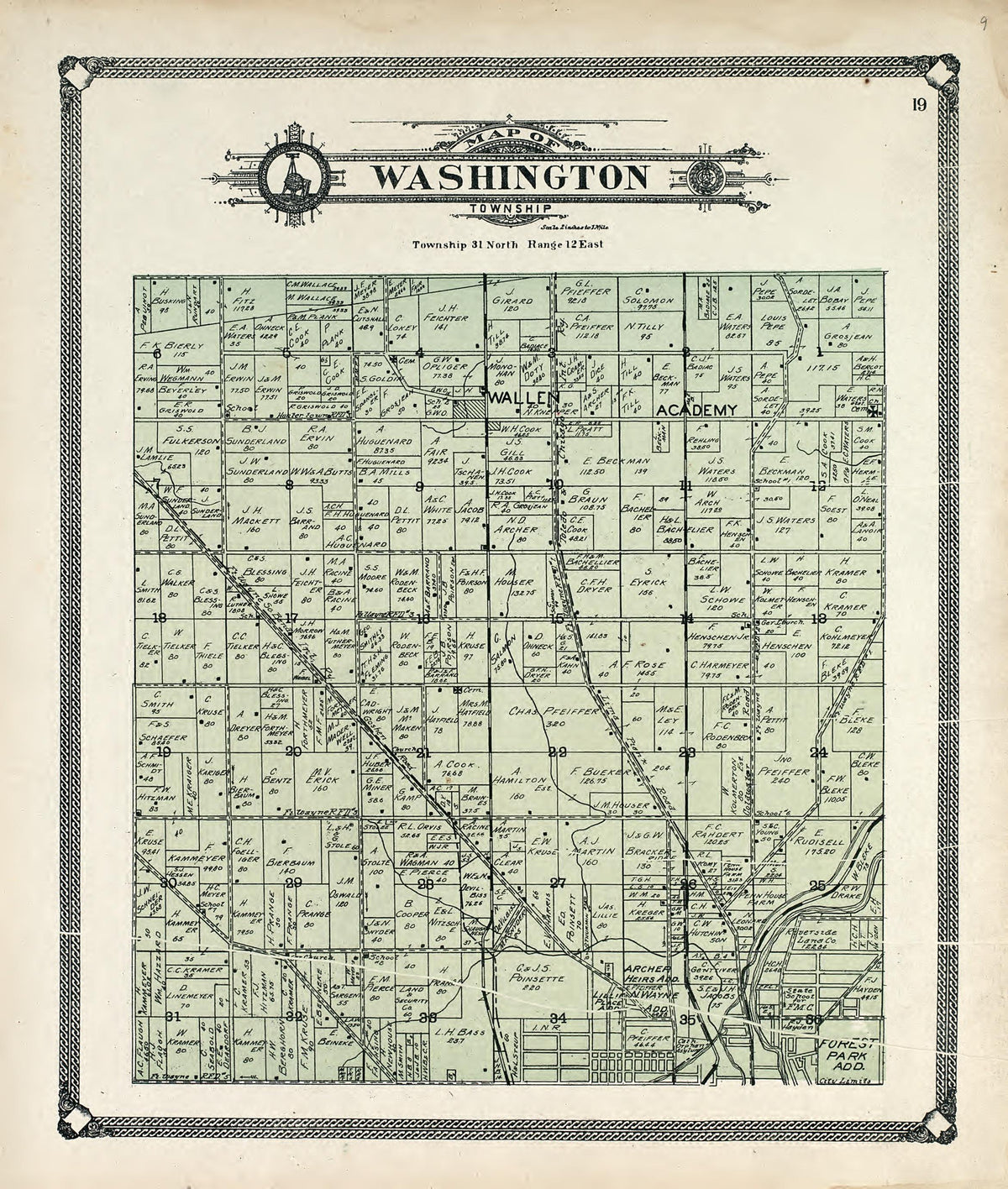 Map of Washington Township from Plat Book of Allen County, Indiana 1907 by Relic Map Company