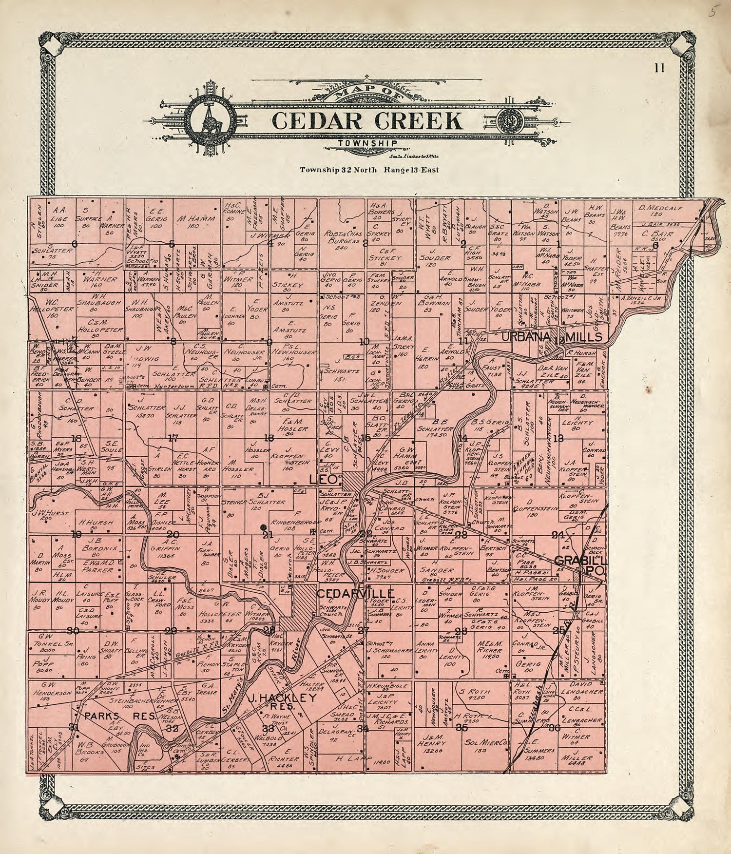 Map of Cedar Creek Township from Plat Book of Allen County, Indiana 1907 by Relic Map Company