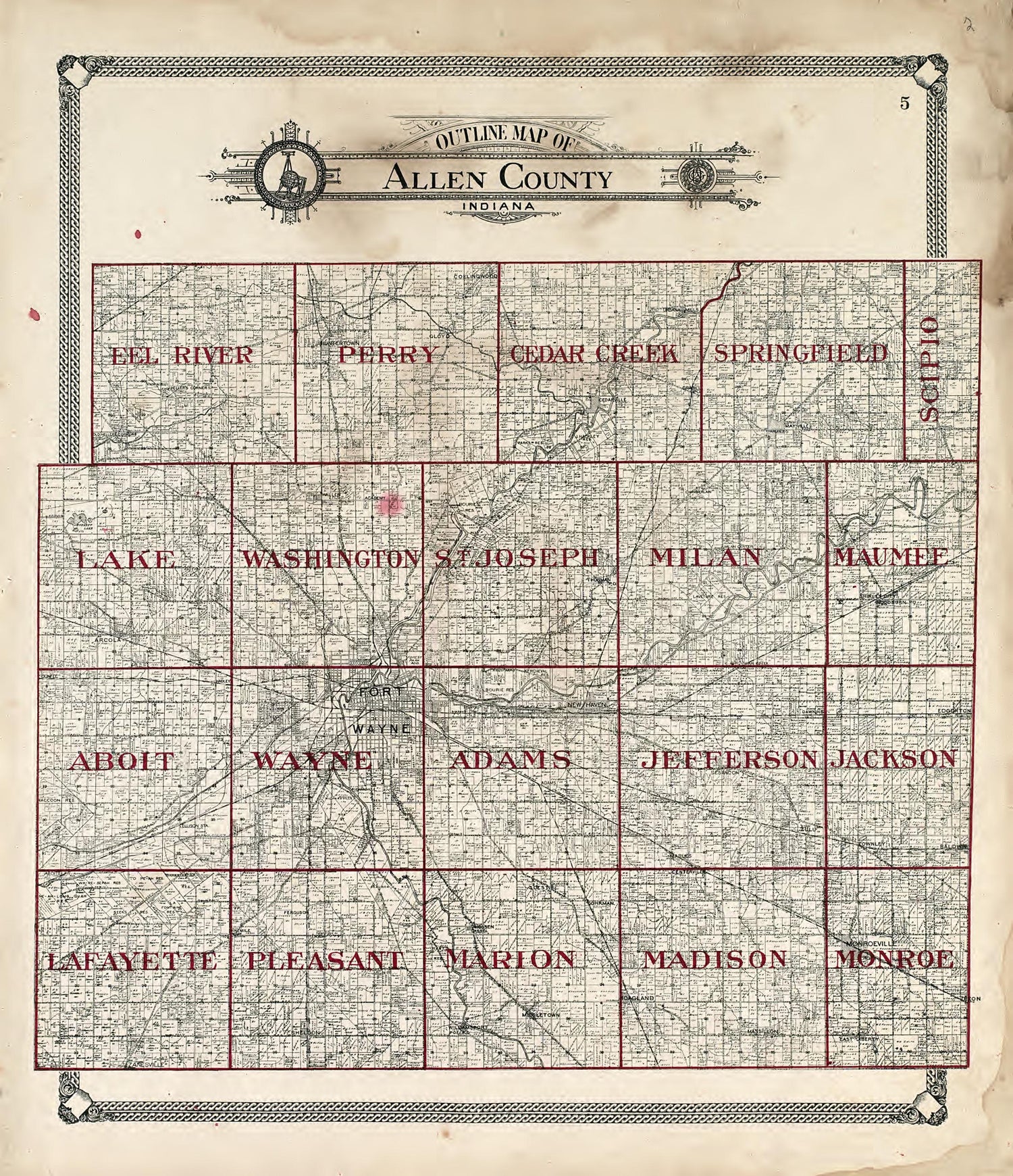 Outline Map of Allen County, Indiana from Plat Book of Allen County, Indiana 1907 by Relic Map Company