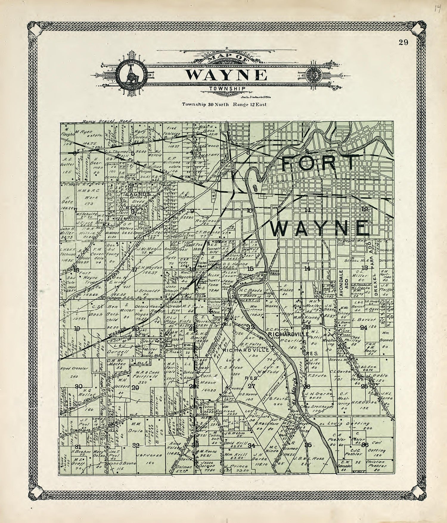 Map of Wayne Township from Plat Book of Allen County, Indiana 1907 by Relic Map Company