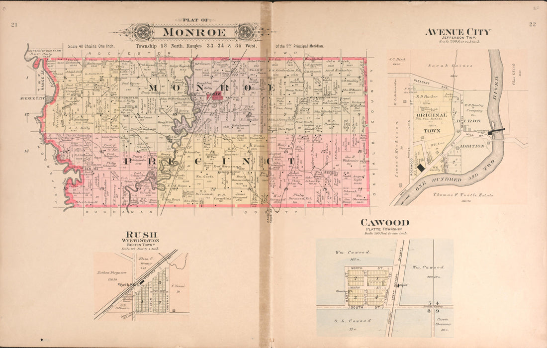 Monroe, Cawood, Rush, Avenue City from Plat Book of Andrew County, Missouri 1909 by Relic Map Company
